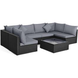 Mondawe - 7-Piece Sectional Wicker Sofa Set w/ Tempered Glass Table, Outdoor Patio Conversation Set with Cushions - Gray