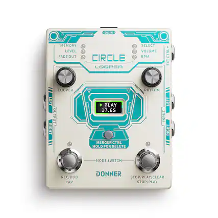 DC IN - MEMORY LEVEL FADE OUT CIRCLE LOOPER SELECT VOLUME BPM CTRL EXT LOOPER LEFT OUTPUT RIGHT INPUT RHYTHM LEFT INPUT RIGHT MODE SWITCH REC/DUB TAP DONNER STOP/PLAY/CLEAR STOP/PLAY