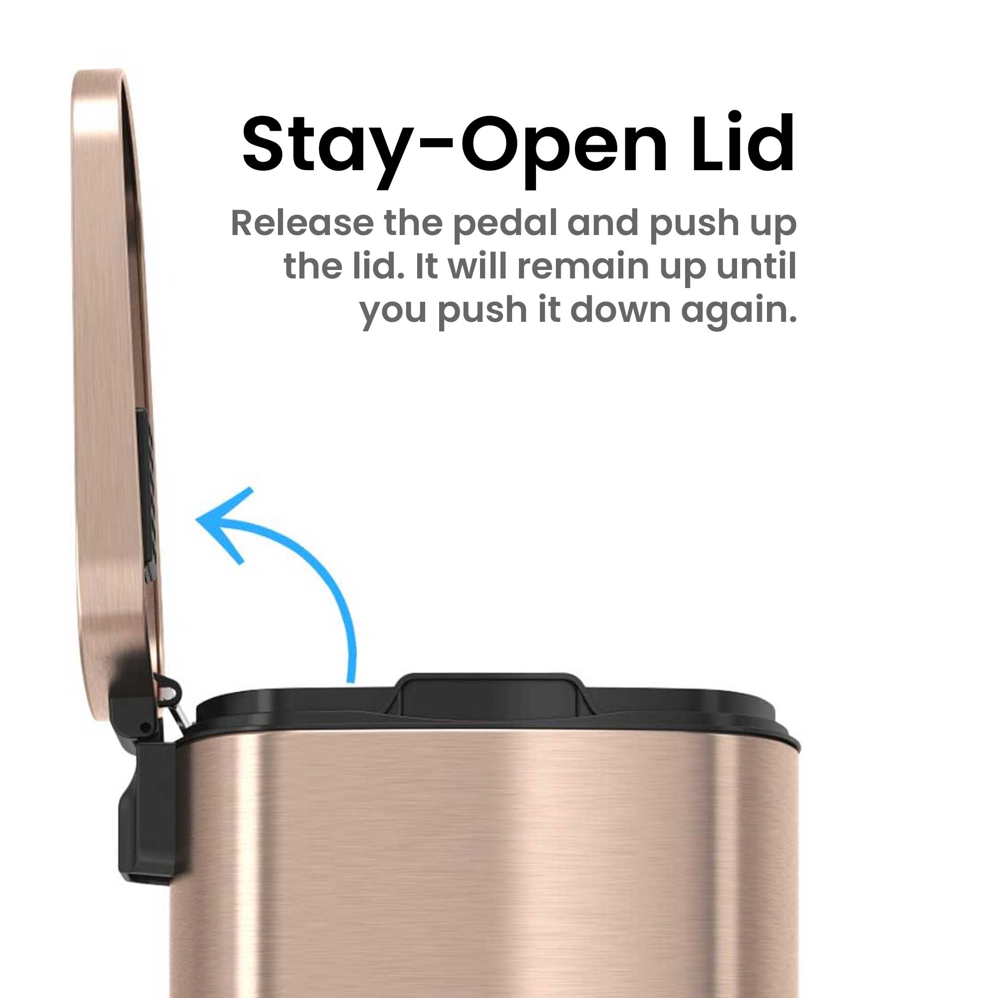 Stay-Open Lid

Release the pedal and push up the lid. It will remain up until you push it down again.