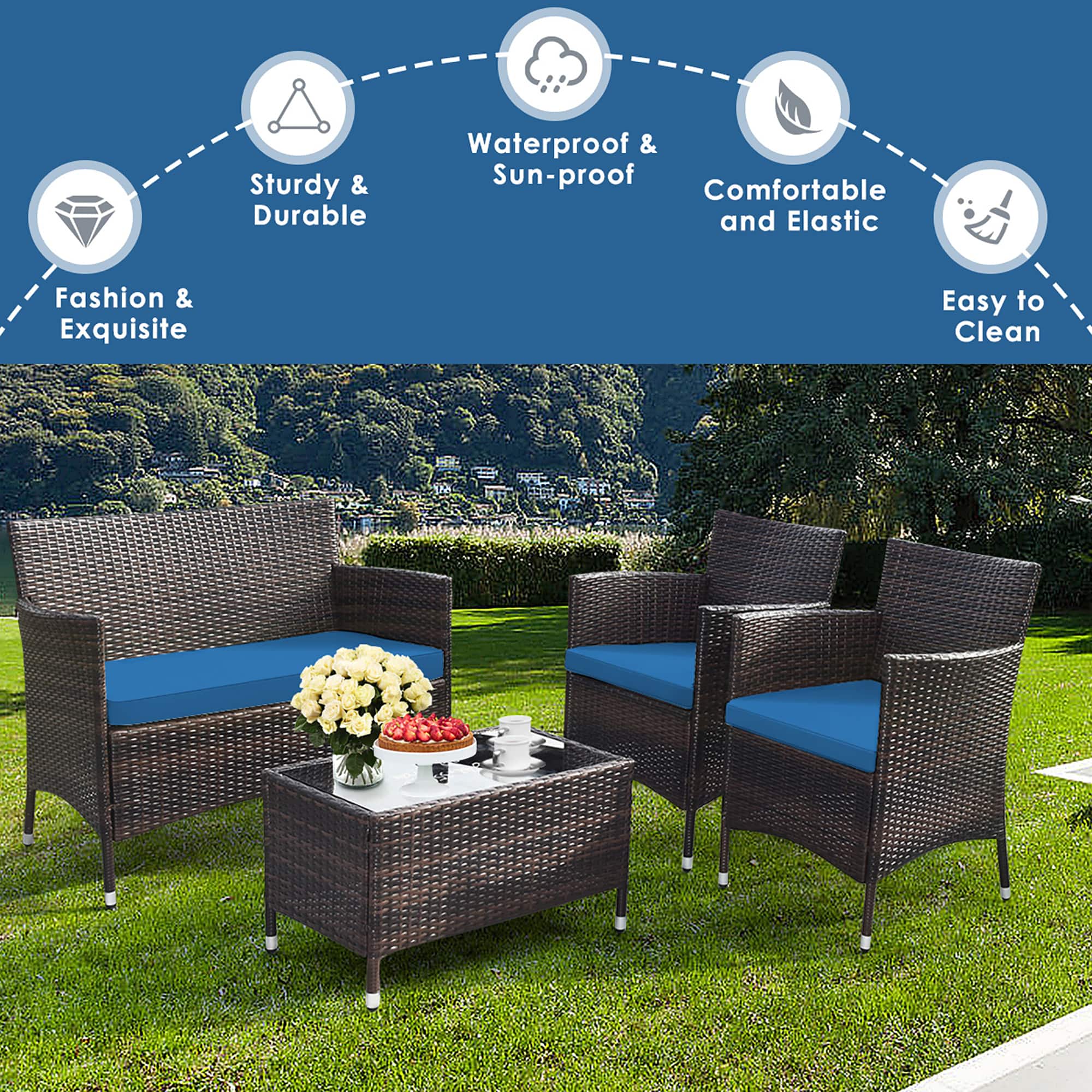 Gymax 4PCS Patio Rattan Conversation Furniture Set Outdoor w