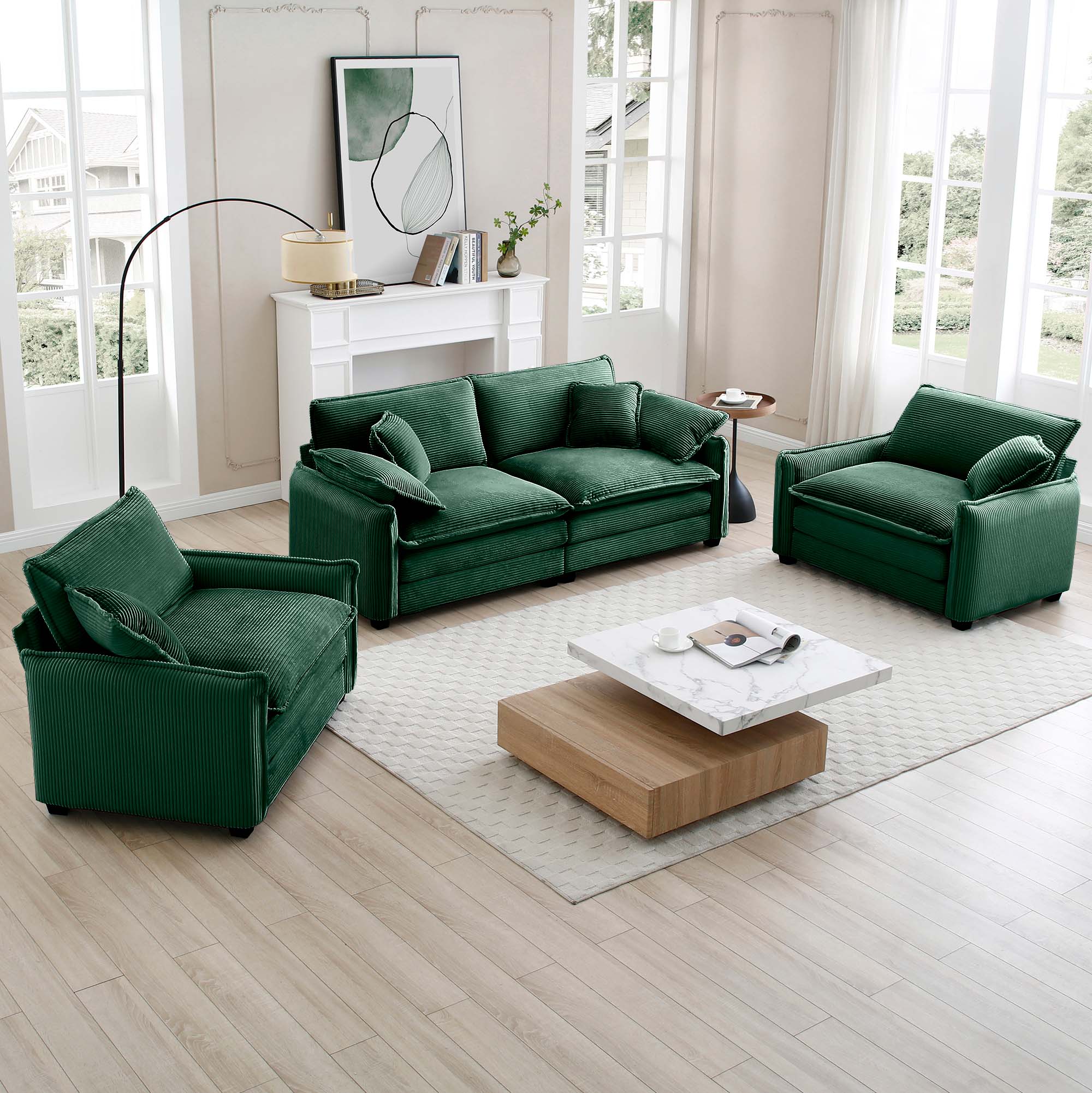 Angle. LOVMOR - Single Seat Corduroy Sofa Set Easy Assembly Memory Foam For Living Room Bedroom Home Theater Soft Textured Den - Green.