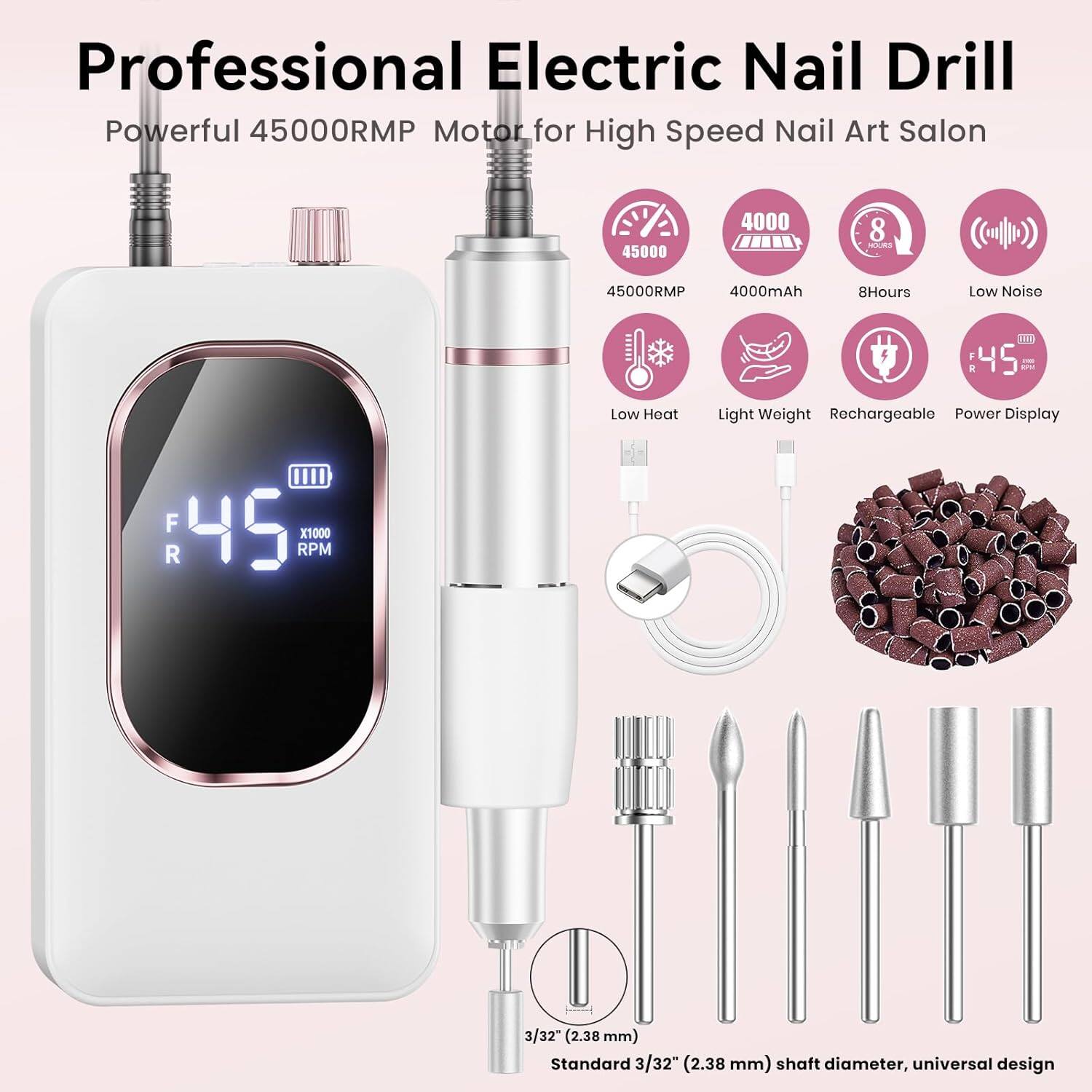 Professional Electric Nail Drill Powerful 45000RPM Motor for High Speed Nail Art Salon

- 45000RPM
- 4000mAh
- 8 Hours
- Low Noise
- Low Heat
- Light Weight
- Rechargeable
- Power Display

3/32" (2.38 mm) Standard 3/32" (2.38 mm) shaft diameter, universal design