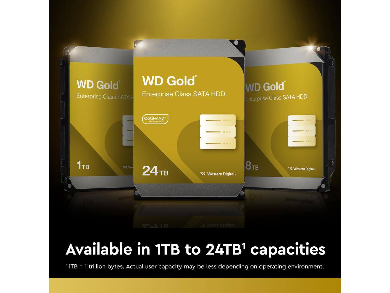 WD Gold Enterprise Class SATA HDD  
OptiNAND Technology  

Available in 1TB to 24TB1 capacities  
1TB = 1 trillion bytes. Actual user capacity may be less depending on operating environment.  

Western Digital