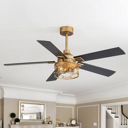 Breezary - 52-In Ceiling Fan with Crystal Light Fixture, 5 Reversible Plywood Blades, DC Motor, Remote Control, Includes 2 Downrods - black and golden