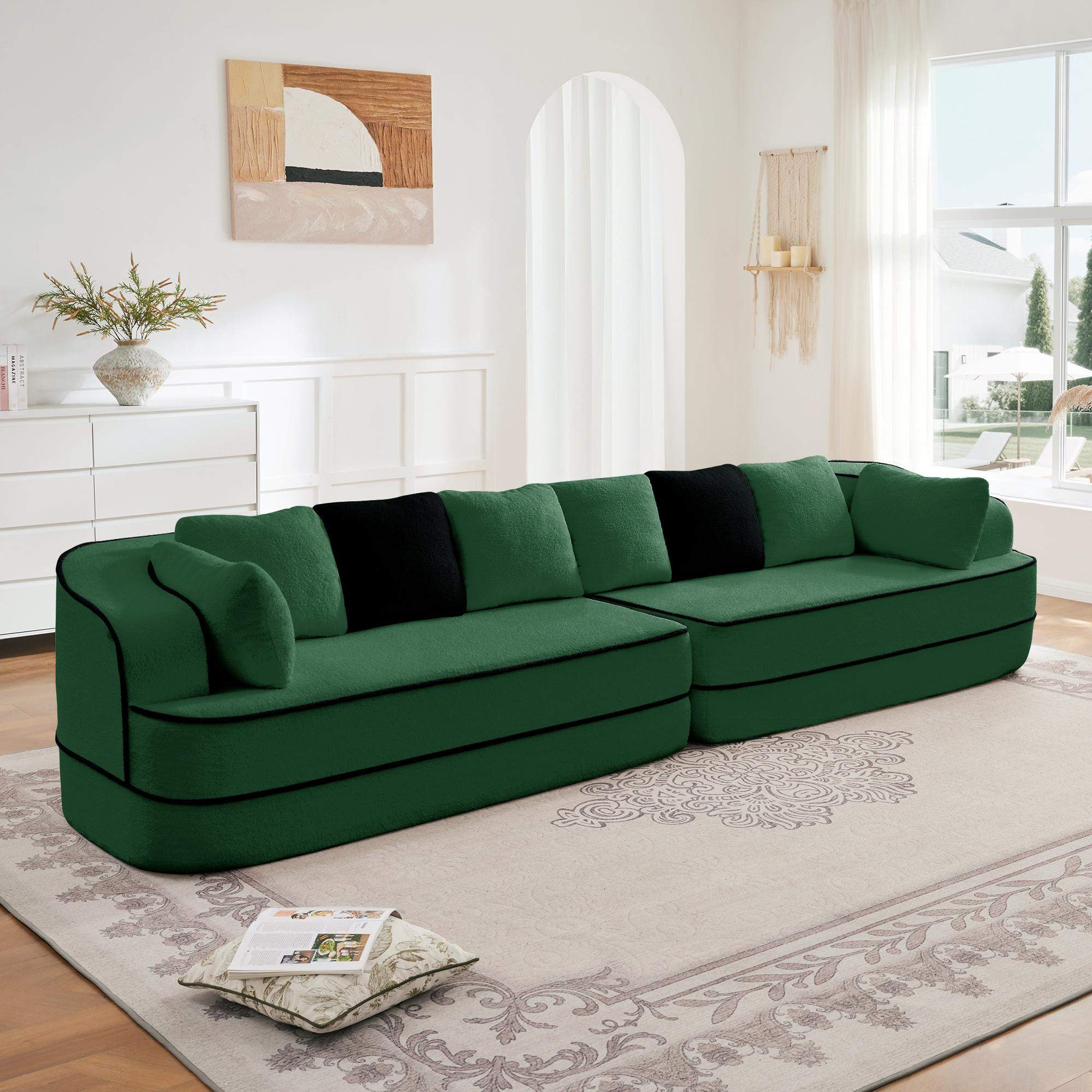 Left. Roomtec - 135 inch 4Seat Teddy Fabric No Assembly 32D High Density sponge Boneless Sofa Fluffy Comfy CouchOversize sofaContrast - Green.