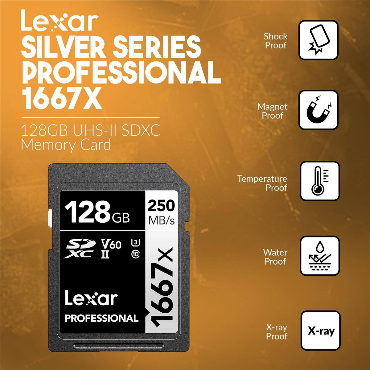 Lexar Silver Series Professional 1667X 128GB UHS-II SDXC Memory Card

- 250 MB/s
- V60
- XC II
- Temperature Proof
- Shock Proof
- Magnet Proof
- Water Proof
- X-ray Proof