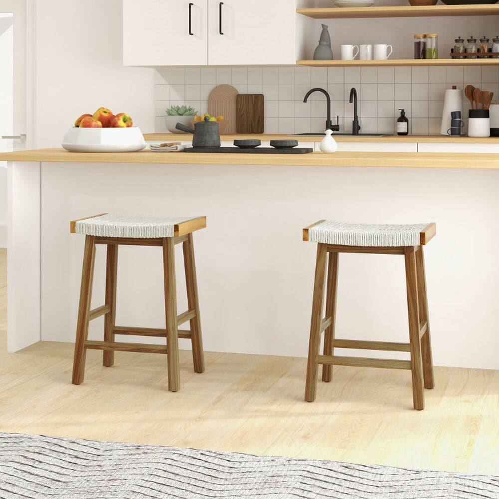 Back. Pefilos - Set of 2 25.5 Inch Dining Home Bar Stool with Seaweed Woven Seat, Home Bar Height Stools, Counter Height Home Bar Stools - Beige.