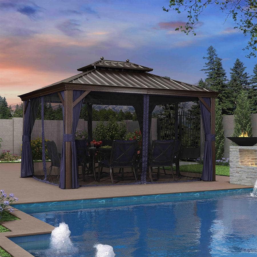 Front. PURPLE LEAF - 10' X 14' Outdoor Hardtop Gazebo for Patio Bronze Aluminum Frame Pavilion with Navy-Blue Curtain - 10' X 14'.