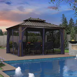 PURPLE LEAF - Outdoor Hardtop Gazebo for Patio Bronze Aluminum Frame Pavilion with Navy-Blue Curtain - 10' X 14'