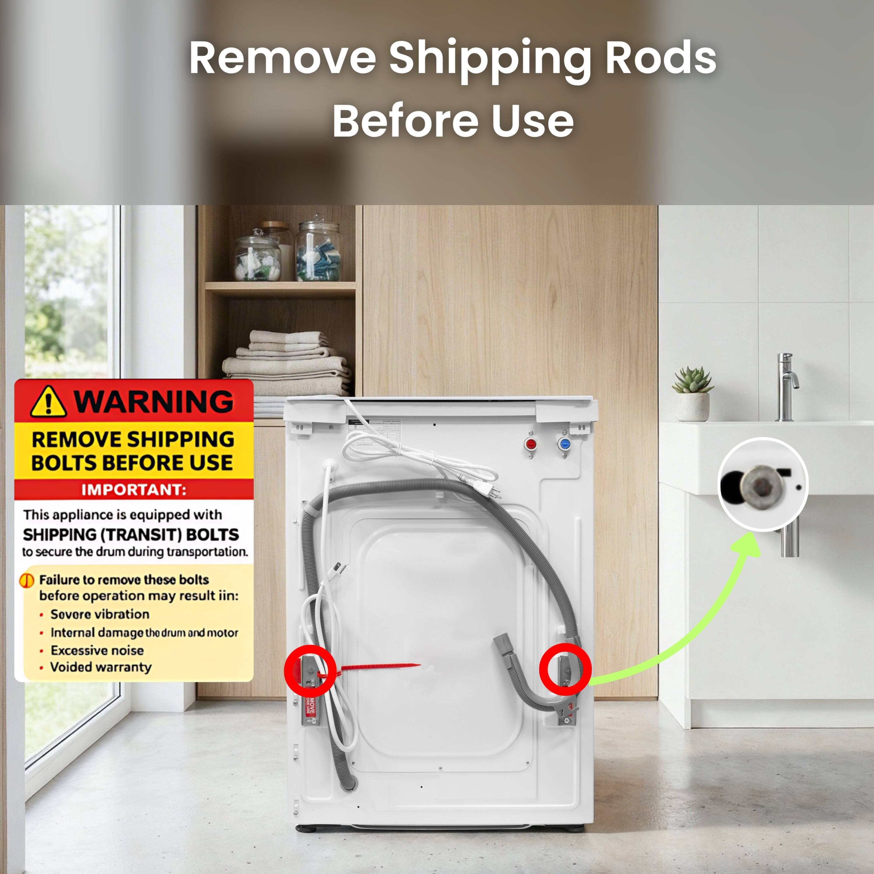 Remove Shipping Rods Before Use

WARNING: REMOVE SHIPPING BOLTS BEFORE USE

IMPORTANT: This appliance is equipped with SHIPPING (TRANSIT) BOLTS to secure the drum during transportation. Failure to remove these bolts before operation may result in:
- Severe vibration
- Internal damage to the drum and motor
- Excessive noise
- Voided warranty