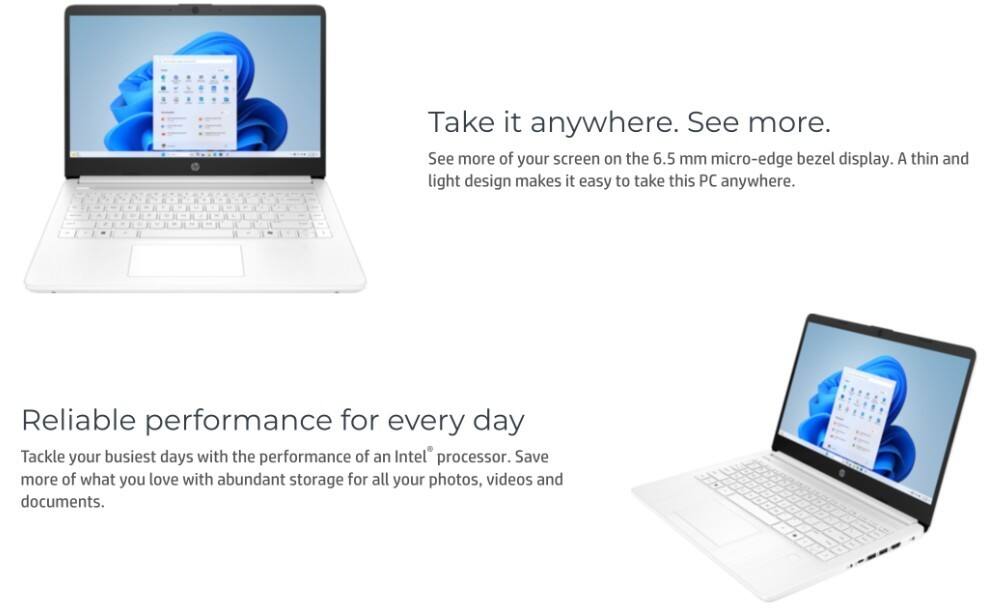 Take it anywhere. See more.  
See more of your screen on the 6.5 mm micro-edge bezel display. A thin and light design makes it easy to take this PC anywhere.  
Reliable performance for every day  
Tackle your busiest days with the performance of an Intel® processor. Save more of what you love with abundant storage for all your photos, videos and documents.