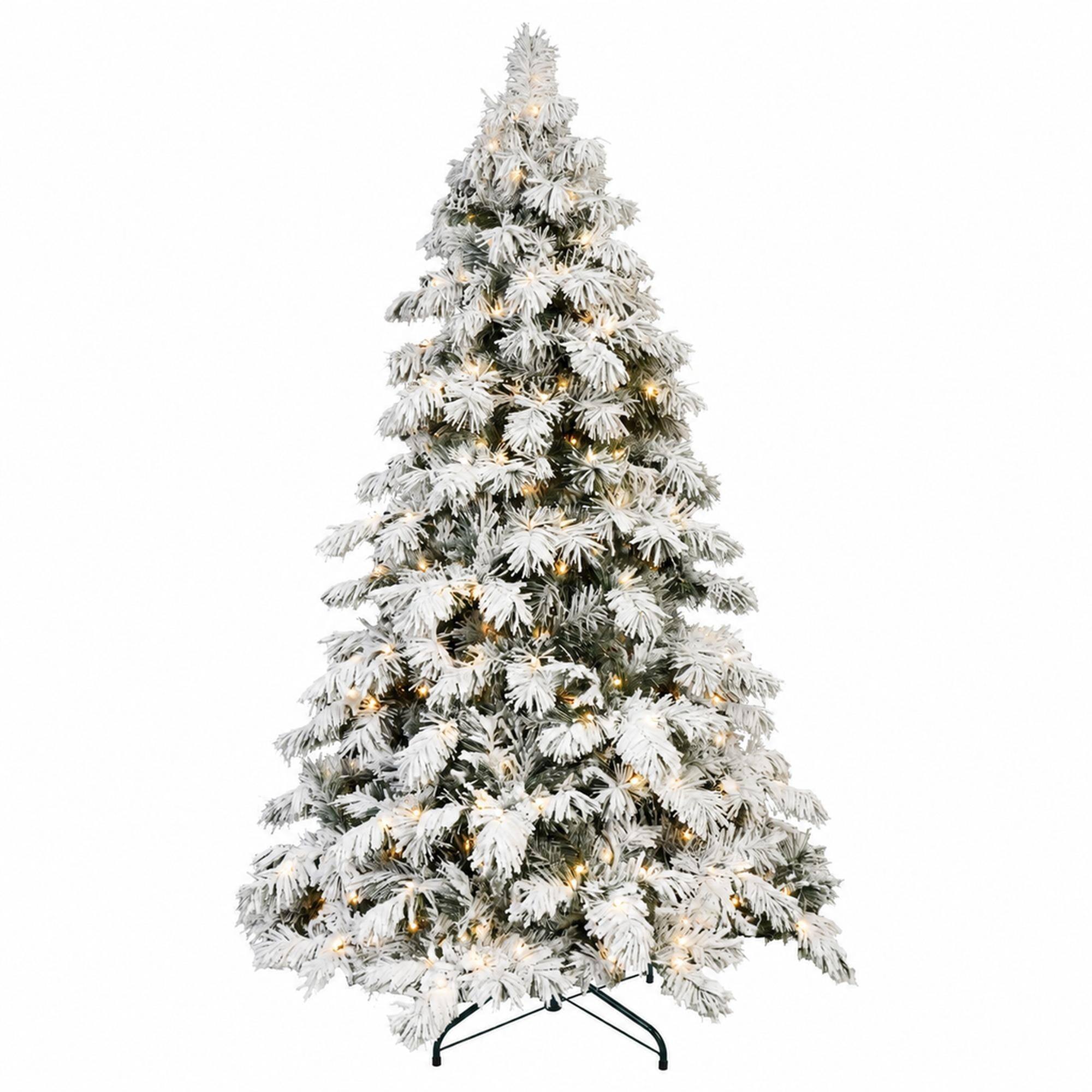 Front. RYHNUYNE - 8 Ft Flocked Scarecrow Christmas Tree With 470 Warm White LED Lights, 1242 Memory Wire Tips Snowy Decor - Green,White.