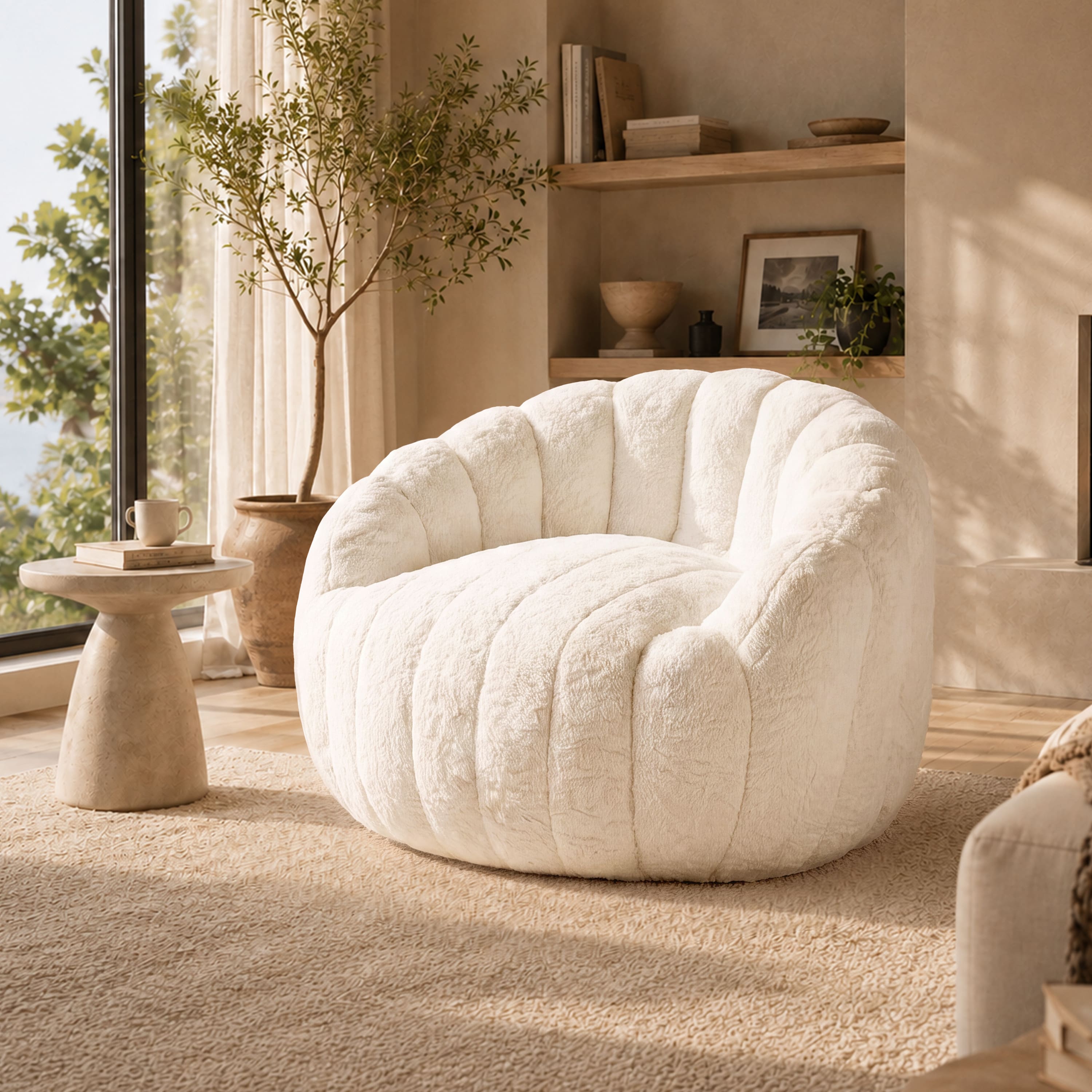 Vipbear - Shell-Shaped Bean Bag Chair for Adults and Teens, Faux Fur Sofa Chair, Comfy Accent Chair with Foam Filling - Off-white