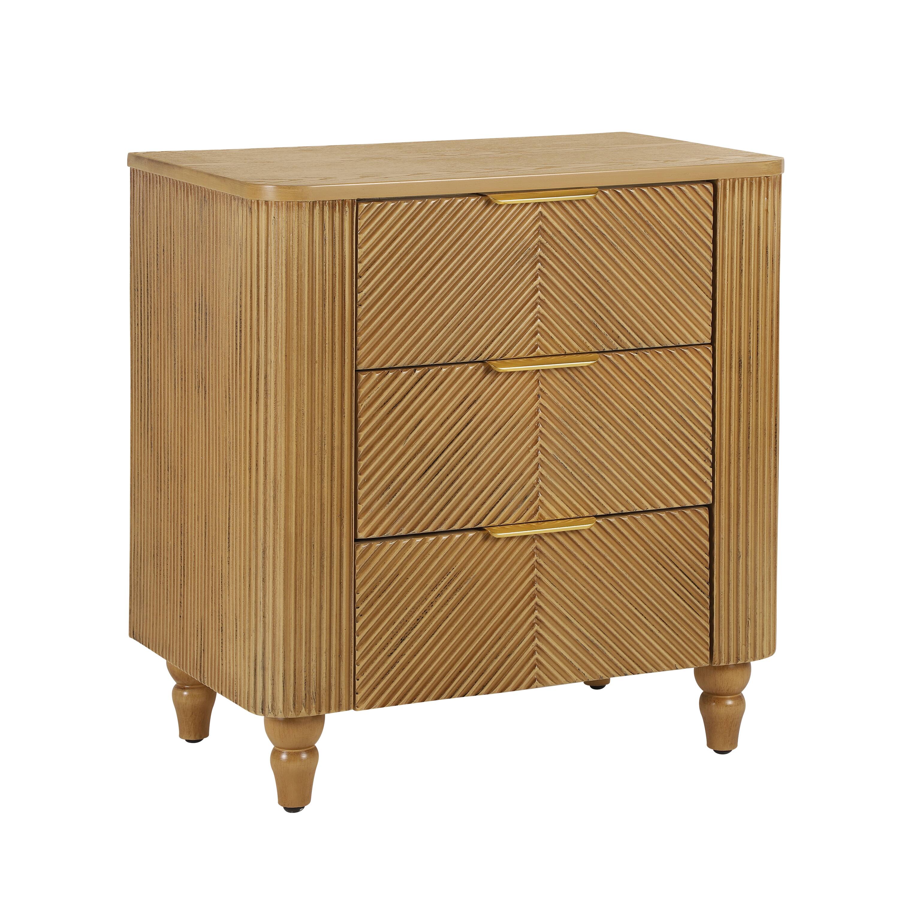Left. Whisen - Mid-Century Fluted 3-Drawer Nightstand,Bedside Table with Curved Profile and Gold Glossy Handles - Natural.