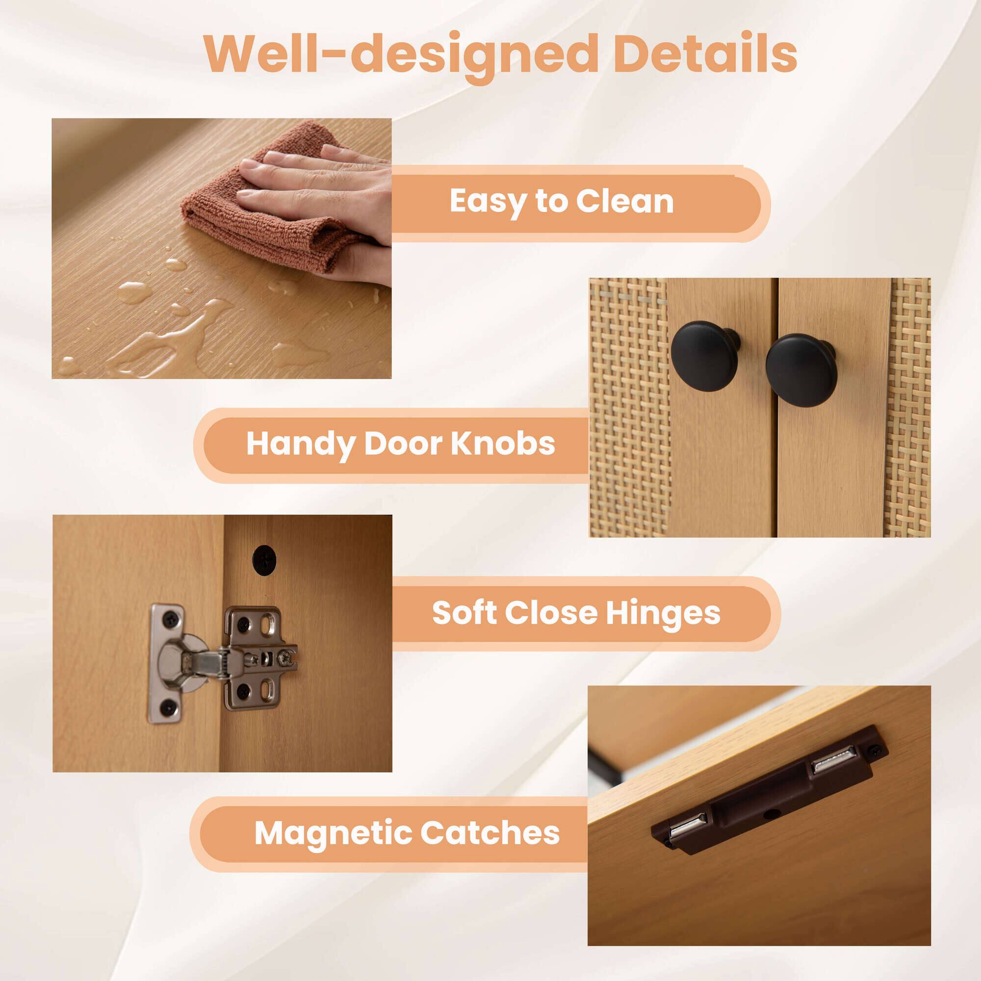 Well-designed Details

- Easy to Clean
- Handy Door Knobs
- Soft Close Hinges
- Magnetic Catches