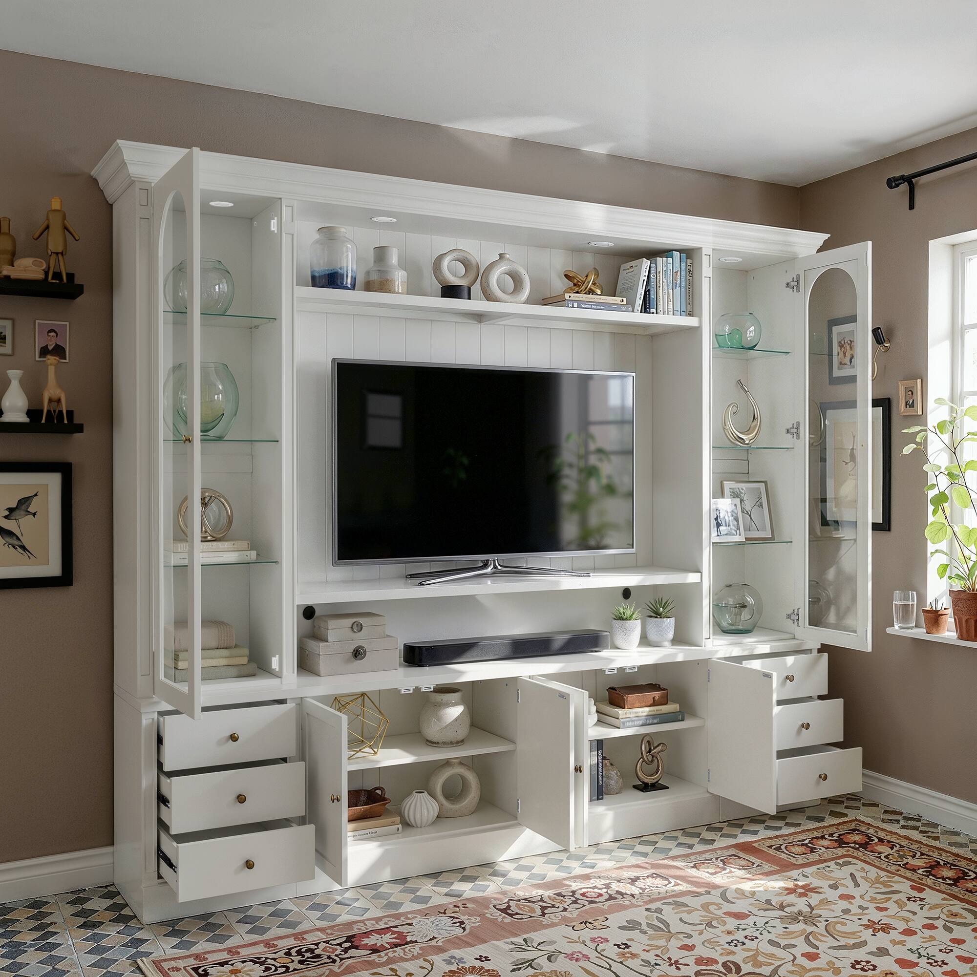 Alt View 2. Famapy - Large White TV Wall Unit with LED Lights, Fits Most TVs, Modern Living Room Storage Cabinet with Glass Doors. - White.
