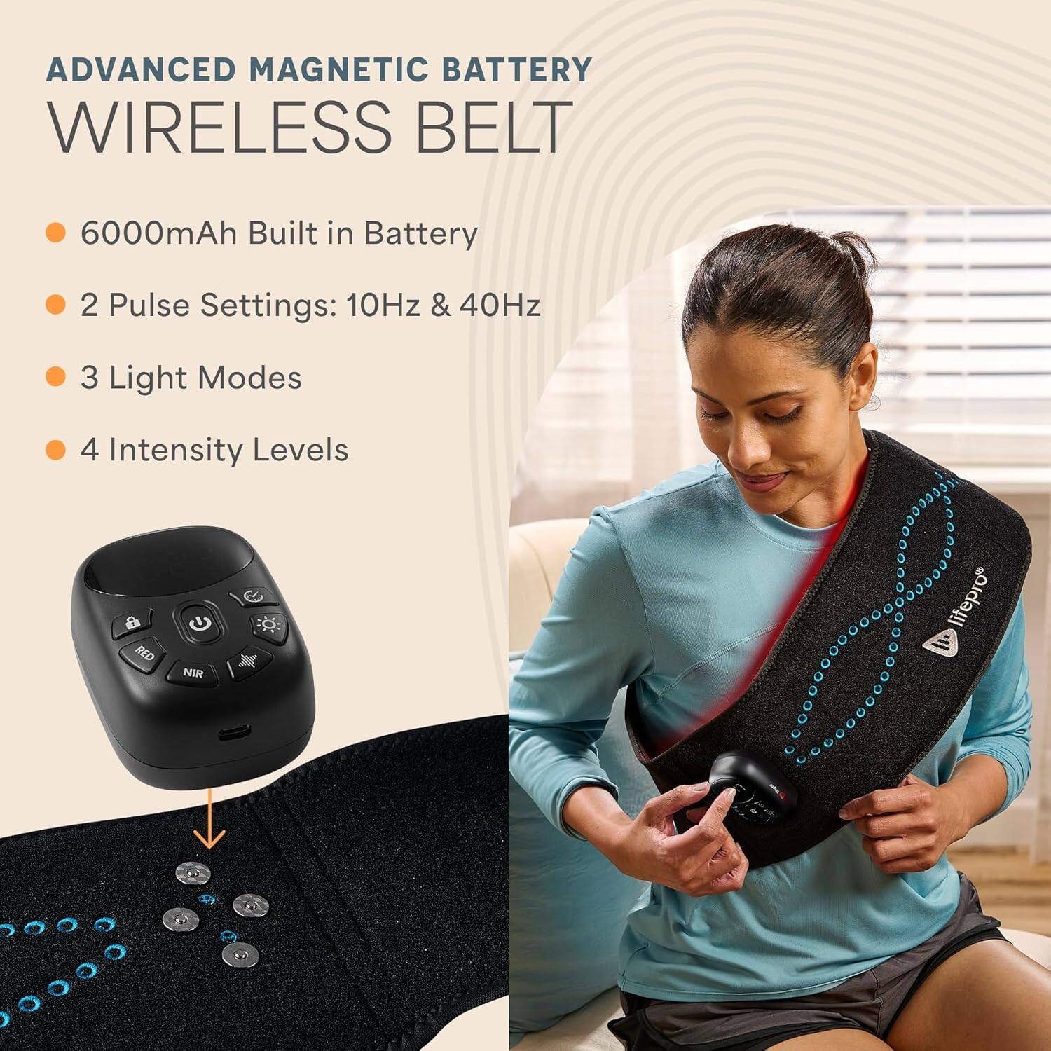 ADVANCED MAGNETIC BATTERY WIRELESS BELT  
6000mAh Built in Battery  
2 Pulse Settings: 10Hz & 40Hz  
3 Light Modes  
4 Intensity Levels  
RED NIR litepro