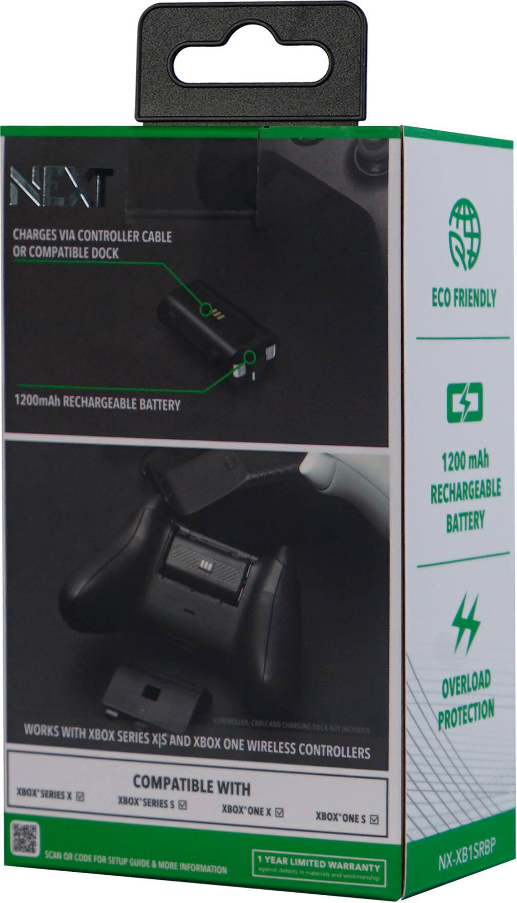 NEXT: CHARGES VIA CONTROLLER CABLE OR COMPATIBLE DOCK. ECO FRIENDLY. 1200mAh RECHARGEABLE BATTERY. 1200 mAh RECHARGEABLE BATTERY. CABLE AND CHARGING BOCK. WORKS WITH XBOX SERIES X/S AND XBOX ONE WIRELESS CONTROLLERS. XBOX SERIES X/S COMPATIBLE. WITH XBOX ONE X/S. XBOX ONE X/S. Y. SCAN QR CODE FOR 1 SETUP GUIDE & MORE. YEAR LIMITED INFORMATION. agarnet deferts in WARRANTY. materials and workmanship. OVERLOAD PROTECTION. NX-XB1SRBP.