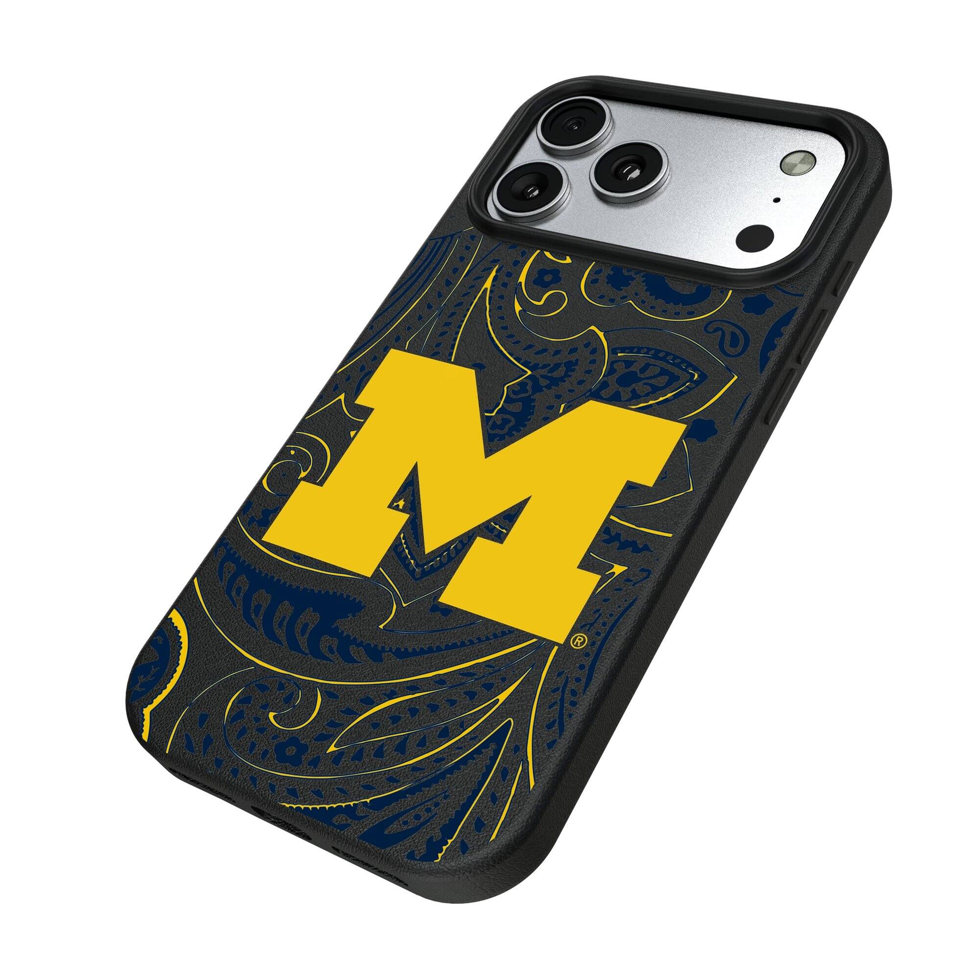 Alt View 1. Keyscaper - Michigan Wolverines Paisley iPhone Magnetic Bump Case - 15 Pro Max - Black.