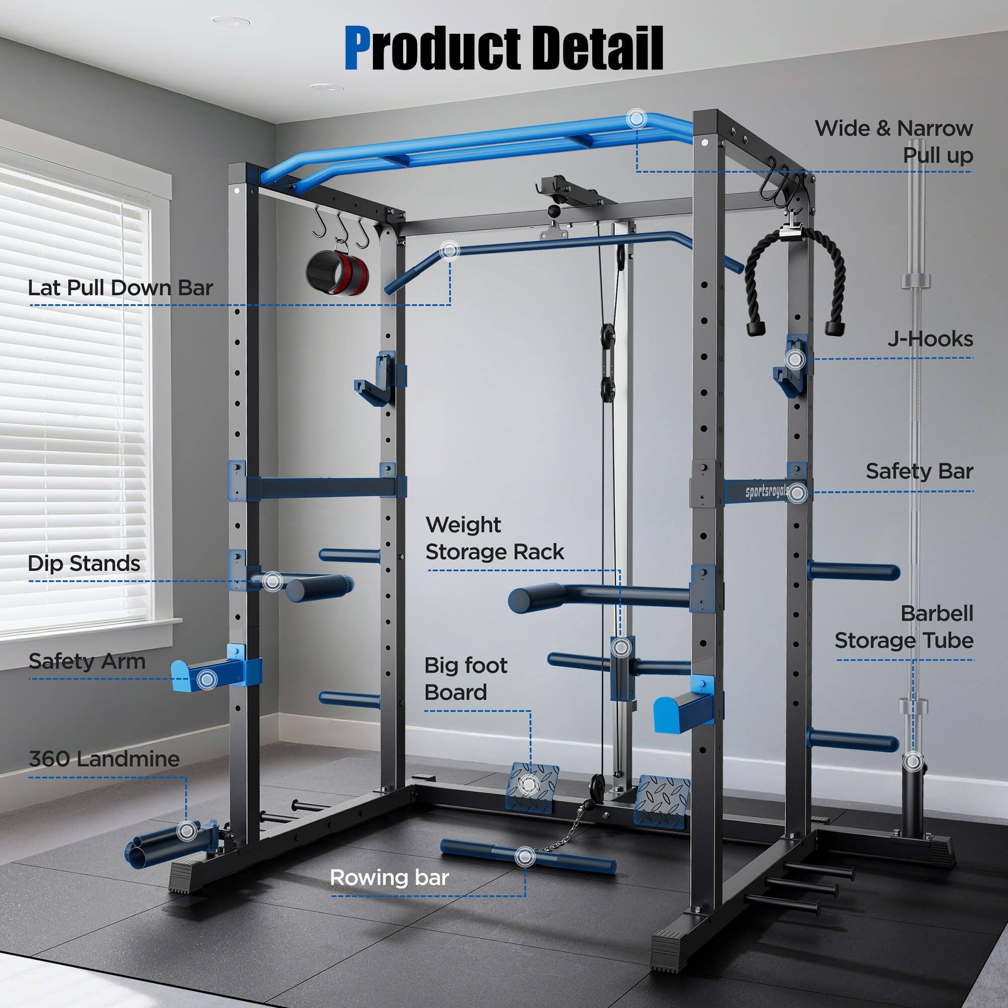 Product Detail

- Wide & Narrow Pull up
- Lat Pull Down Bar
- J-Hooks
- Safety Bar
- Weight Storage Rack
- Barbell Storage Tube
- Dip Stands
- Safety Arm
- Big foot Board
- 360 Landmine
- Rowing bar