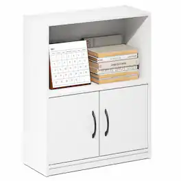 Furinno - GRUEN Book Shelf, 2-Tier Small Bookshelf, Bookcase with Open Shelf and Doors Storage Cabinet, 9.3 x 21.8 x 27 - White
