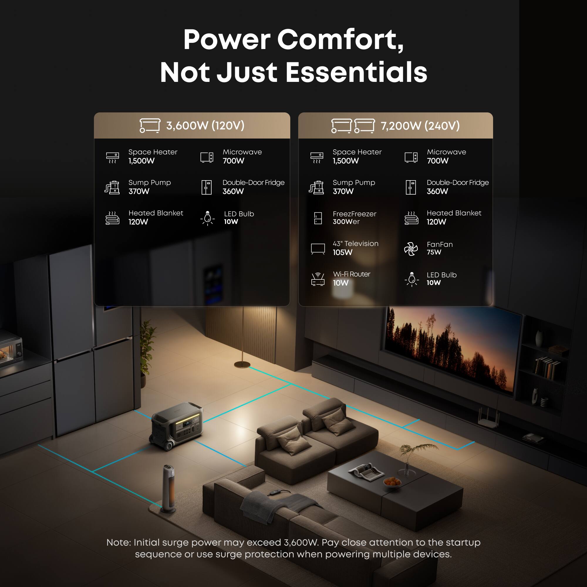 Power Comfort, Not Just Essentials

3,600W (120V)
- Space Heater: 1,500W
- Microwave: 700W
- Sump Pump: 370W
- Double-Door Fridge: 360W
- Heated Blanket: 120W
- LED Bulb: 10W

7,200W (240V)
- Space Heater: 1,500W
- Microwave: 700W
- Sump Pump: 370W
- Double-Door Fridge: 360W
- Freeze Freezer: 300W
- Heated Blanket: 120W
- 45" Television: 105W
- Fan: 75W
- Wi-Fi Router: 10W
- LED Bulb: 10W

Note: Initial surge power may exceed 3,600W. Pay close attention to the startup sequence or use surge protection when powering multiple devices.