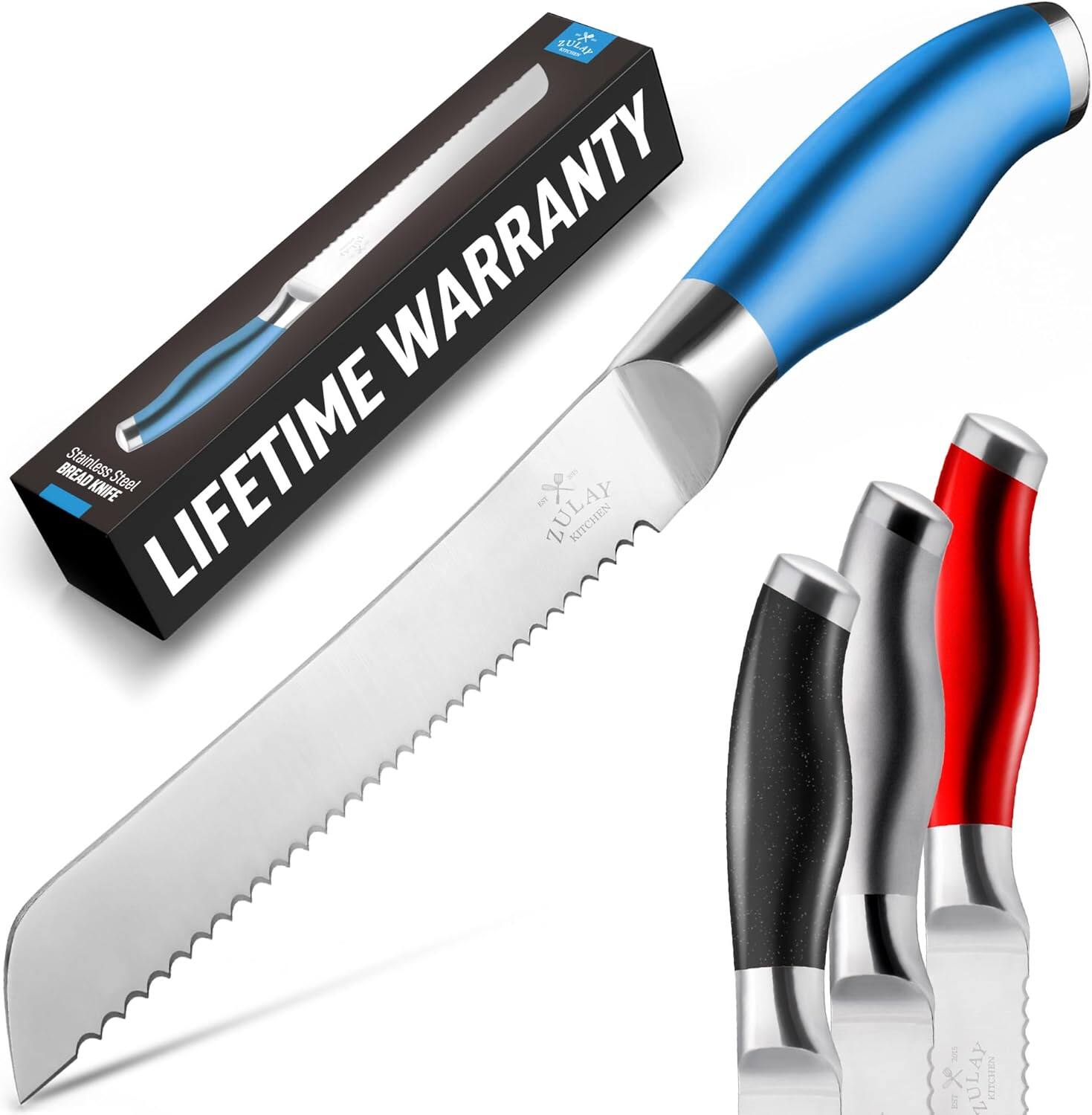 Zulay Kitchen - Serrated Bread Knife - Ultra Sharp Stainless Steel Bread Knife for Homemade Bread, Cakes & Bagels - Blue