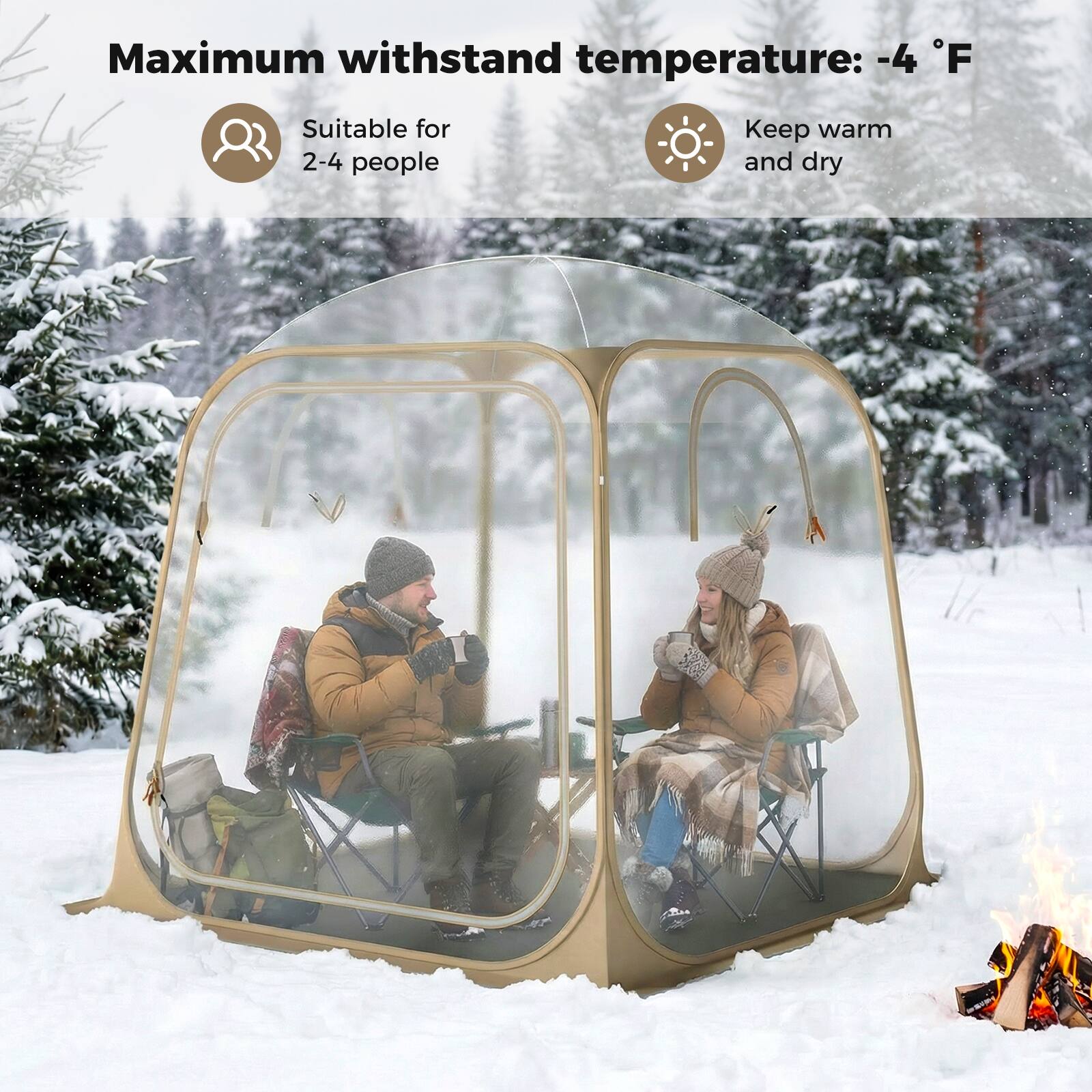 Maximum withstand temperature: -4 °F  
Suitable for 2-4 people  
Keep warm and dry
