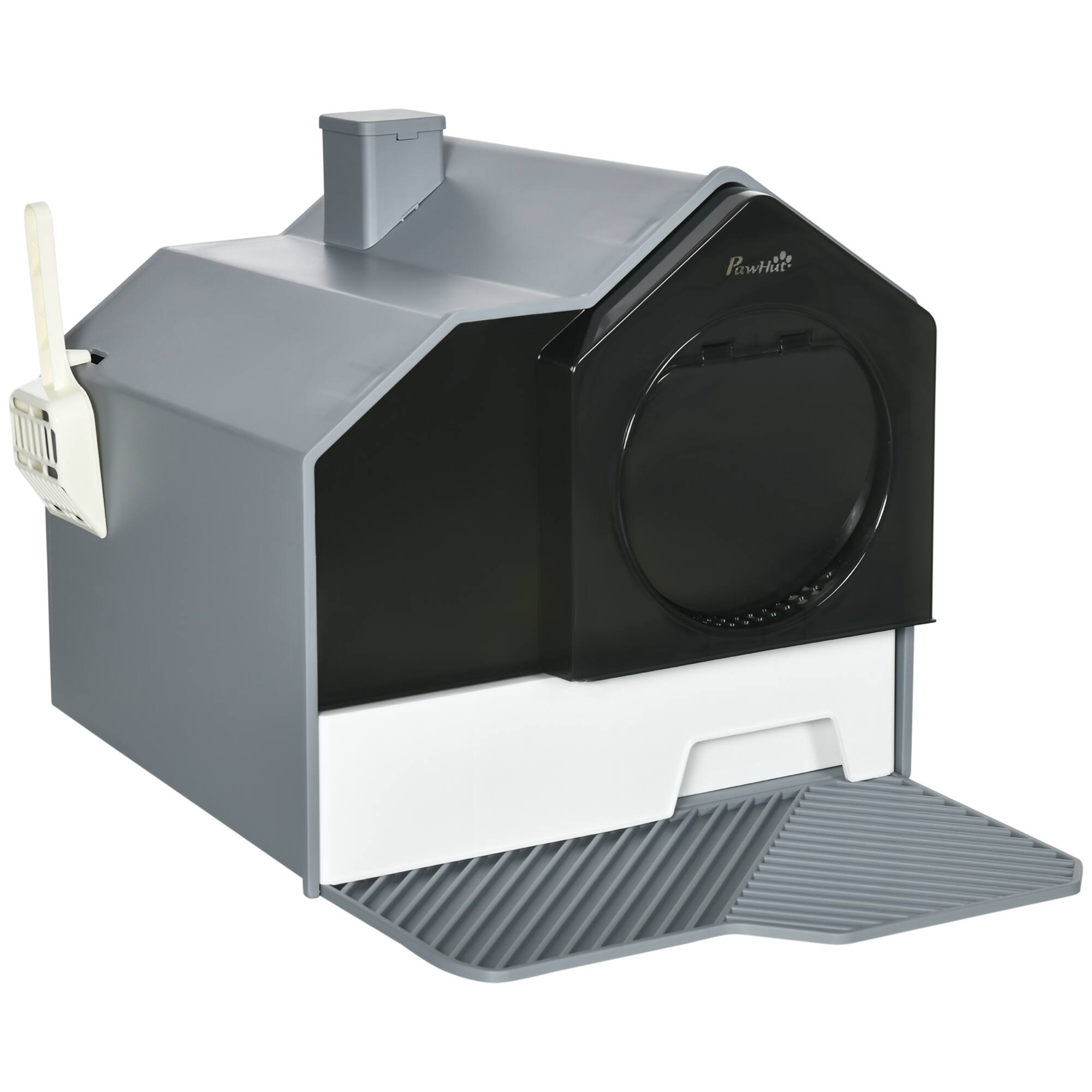 Front. Pawhut - Hooded Cat Litter Box with Mat, Pan, Odor Control, Easy-Clean Pull-Out Drawer, Handle, Scoop - Gray.