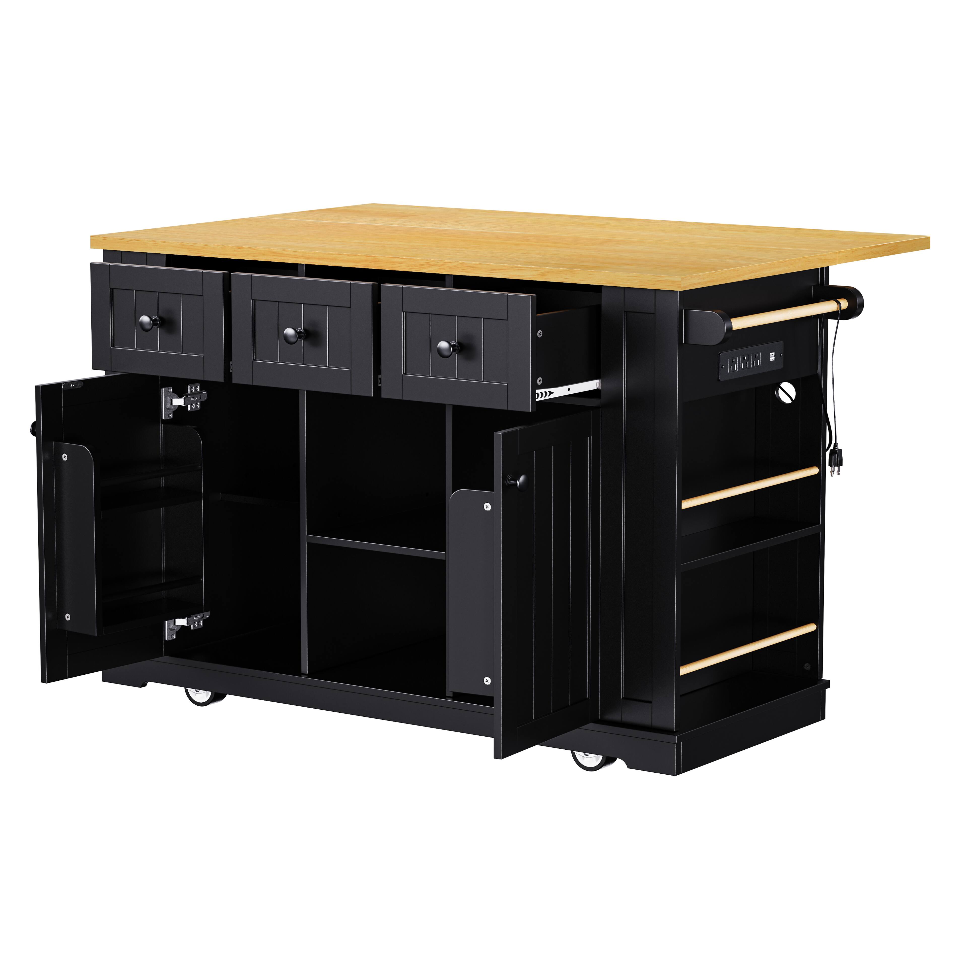 Left. Forest'nSky - 53" Large Rolling Kitchen Island with Drop Leaf, Power Outlet, Internal Storage Rack, and 5 Open Side Racks, Black - Black.