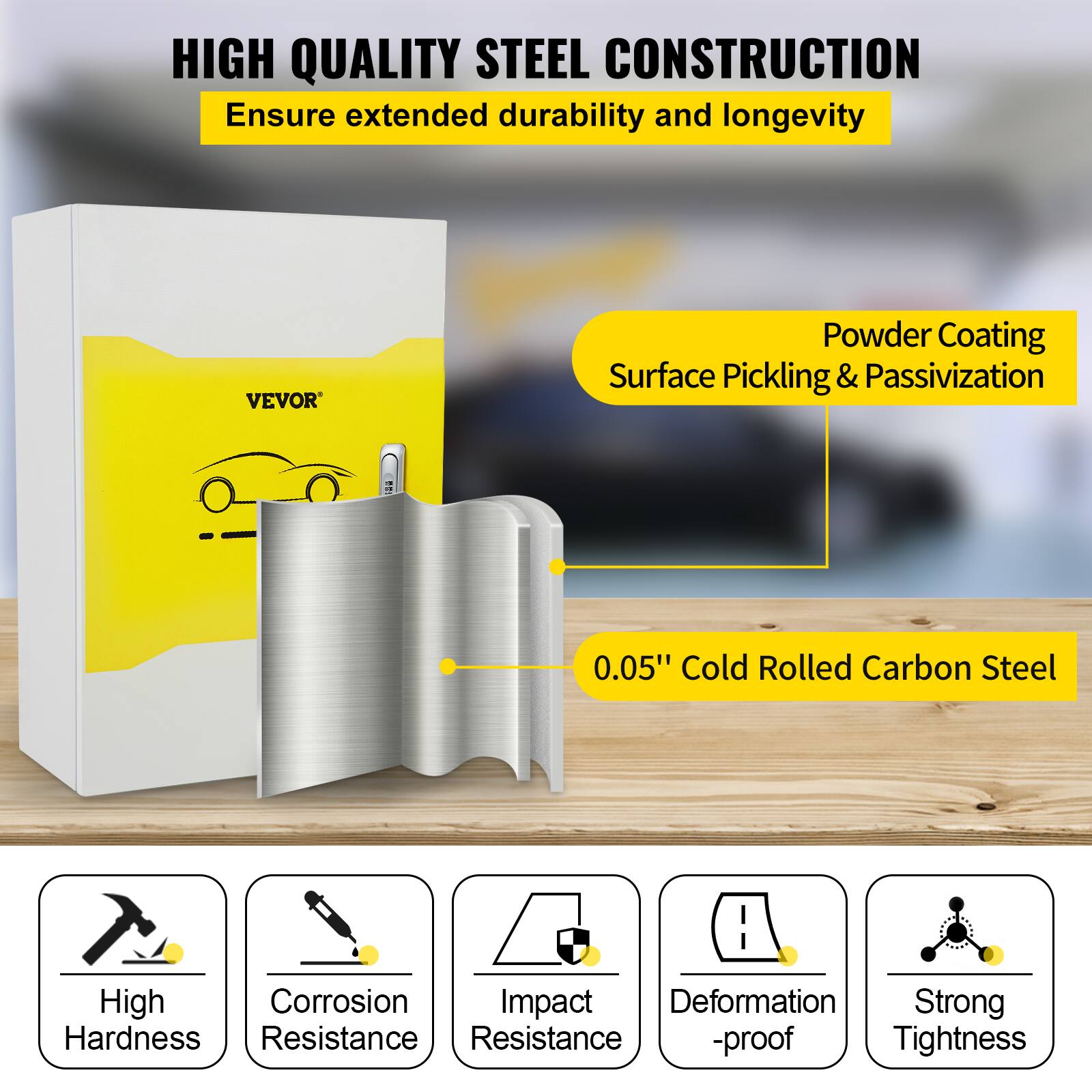 HIGH QUALITY STEEL CONSTRUCTION  
Ensure extended durability and longevity  

VEVOR  
Powder Coating  
Surface Pickling & Passivization  

0.05" Cold Rolled Carbon Steel  

High Hardness  
Corrosion Resistance  
Impact Resistance  
Deformation-proof  
Strong Tightness