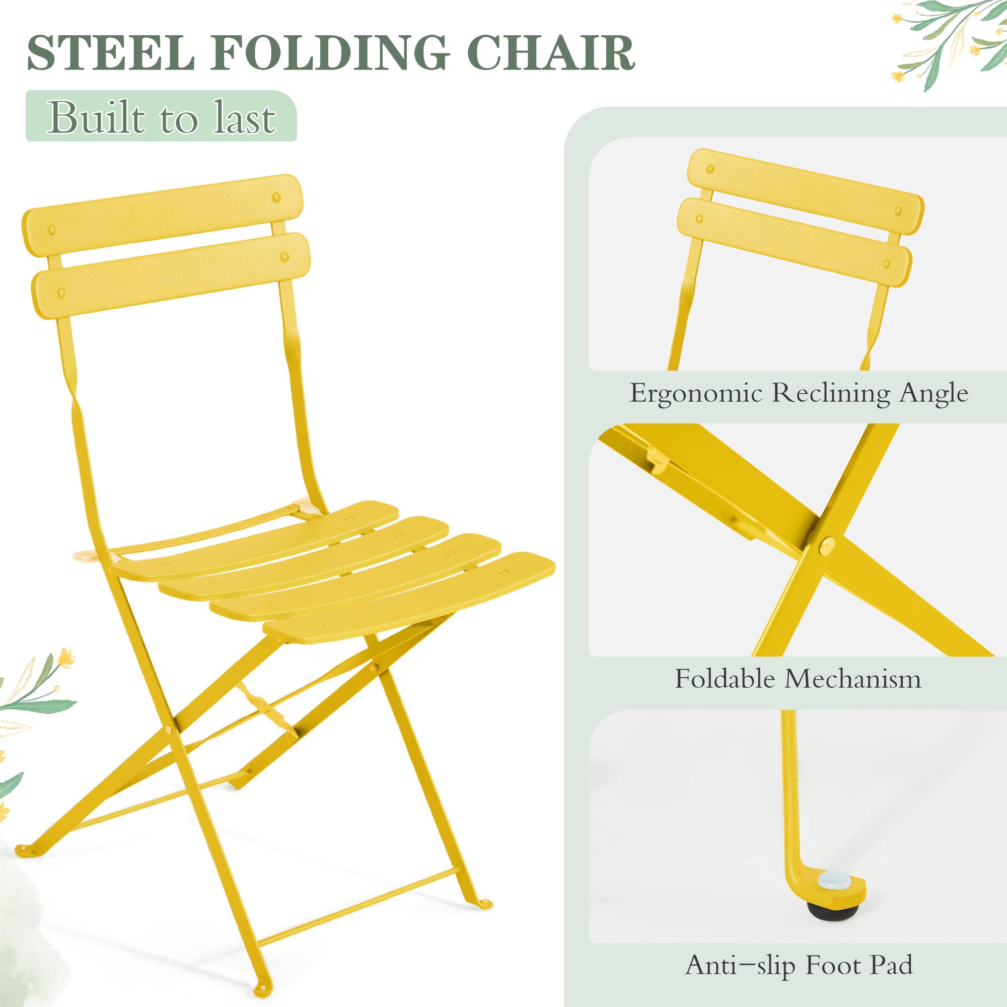 STEEL FOLDING CHAIR  
Built to last  

- Ergonomic Reclining Angle  
- Foldable Mechanism  
- Anti-slip Foot Pad