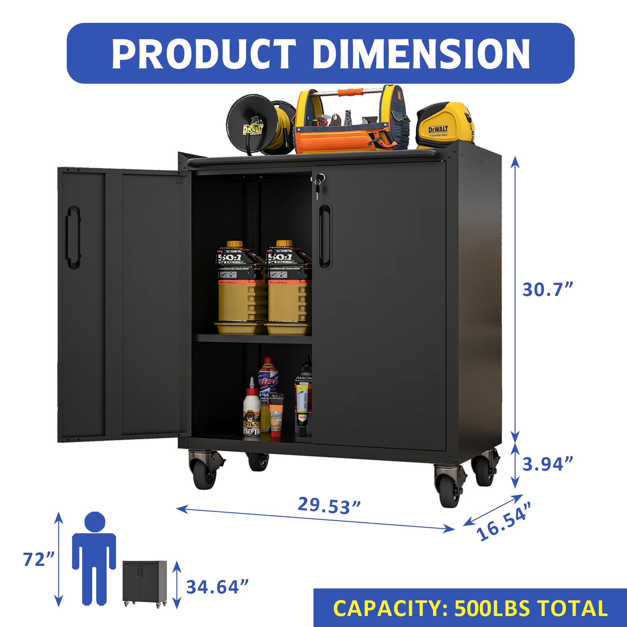 PRODUCT DIMENSION  
DEWALT - 50:2 AE 50:1  
F2 | F7  
- 30.7"  
- 72"  
- 34.64"  
- 3.94"  
- 29.53"  
- 16.54"  
CAPACITY: 500LBS TOTAL