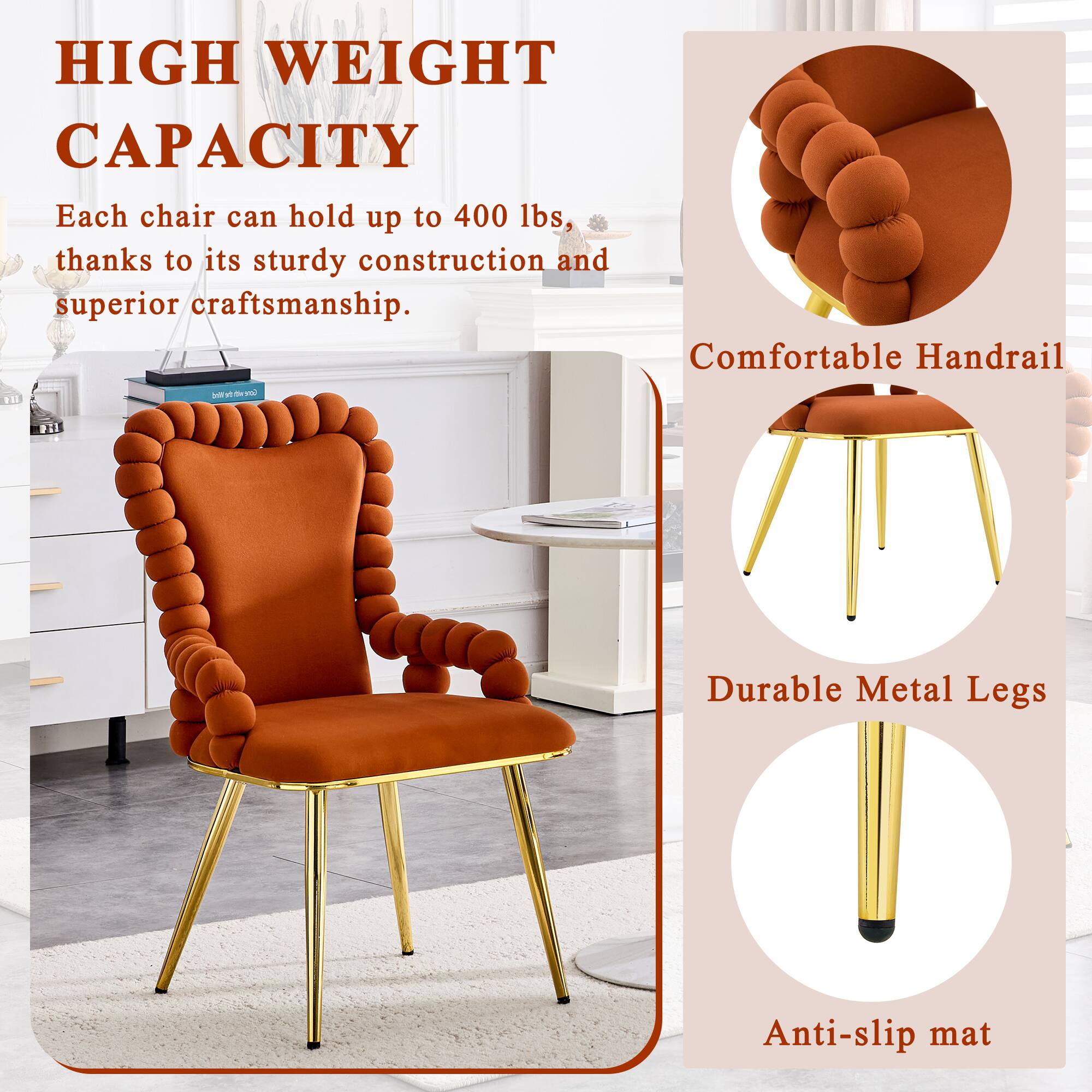 HIGH WEIGHT CAPACITY  
Each chair can hold up to 400 lbs, thanks to its sturdy construction and superior craftsmanship.  

Comfortable Handrail  
Durable Metal Legs  
Anti-slip mat