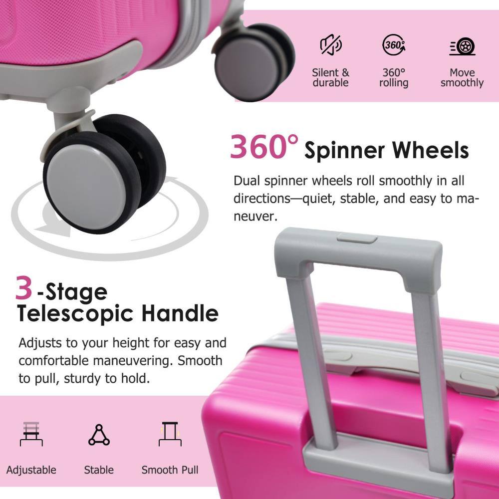 360° Spinner Wheels  
Dual spinner wheels roll smoothly in all directions—quiet, stable, and easy to maneuver.  

3-Stage Telescopic Handle  
Adjusts to your height for easy and comfortable maneuvering. Smooth to pull, sturdy to hold.  

Silent & durable  
360° rolling  
Move smoothly  

Adjustable  
Stable  
Smooth Pull
