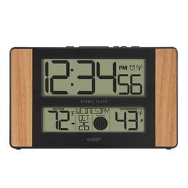 La Crosse Technology - Atomic Digital Clock with Temperature and Moon Phase, Oak finish - Oak/Black