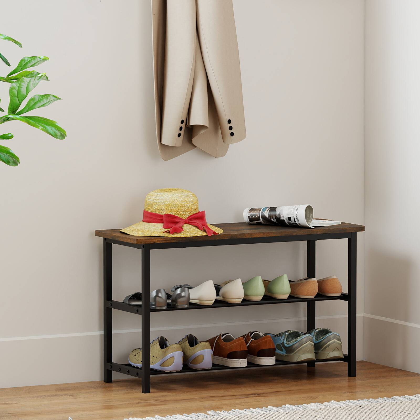 Alt View 1. Gymax - Gymax 3-Tier Shoe Rack Bench w/ Heavy Duty Metal Frame & 300 lbs Seat for Hallway - Brown.