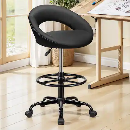 Front. KERDOM - Tall Office Drafting Chair, Bar Stool with Footrest, Shop Rolling Swivel Chair for Standing Desk Kitchen Counter Studio - Black.