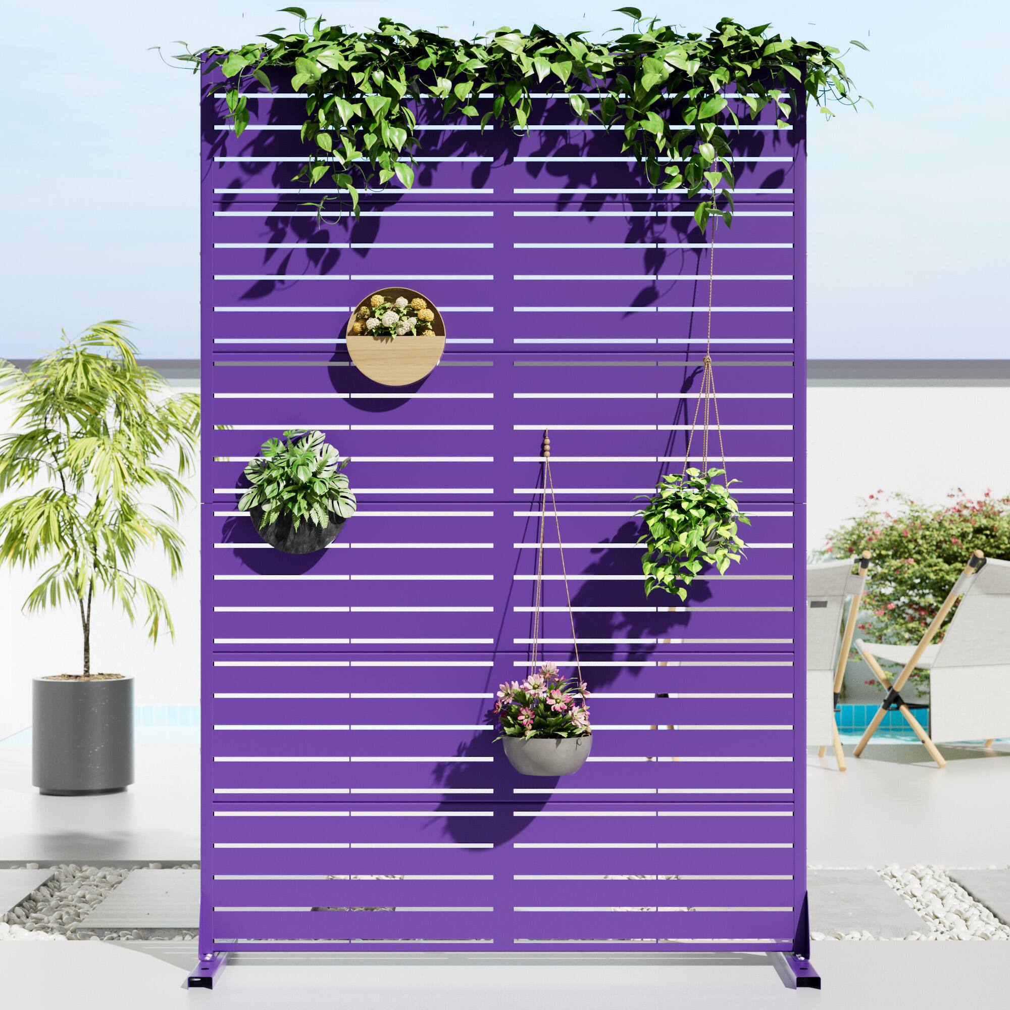 Alt View 1. PexFix - 72 in. x 47 in. Louvered Pattern Metal Outdoor Privacy Screen & Panels, Freestanding Garden Divider Fence - Roland Purple.