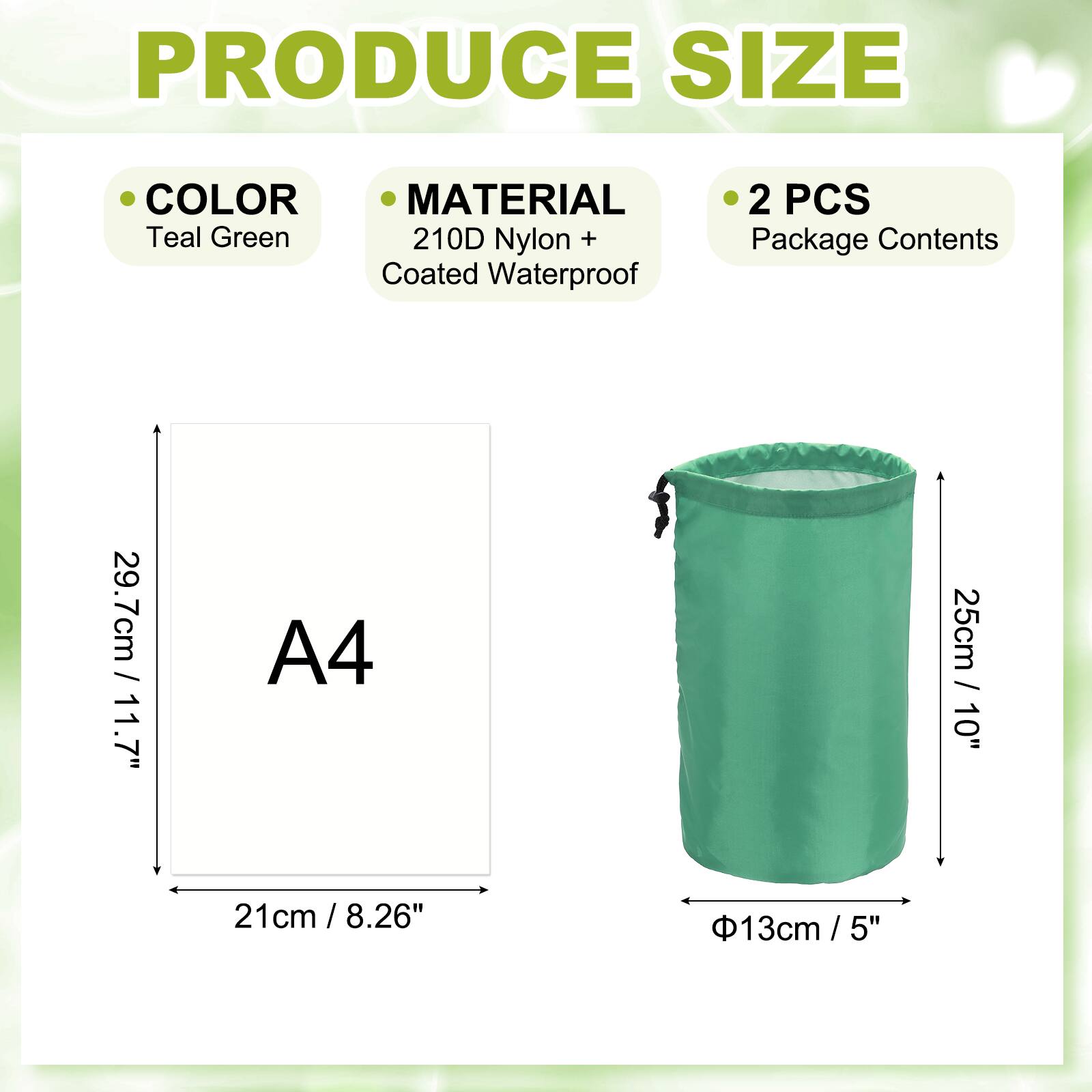 - **Color:** Teal Green
- **Material:** 210D Nylon + Coated Waterproof
- **Package Contents:** 2 PCS
- **Size:**
  - A4: 29.7cm / 11.7" x 21cm / 8.26"
  - Cylinder: 25cm / 10" height, Ø13cm / 5" diameter