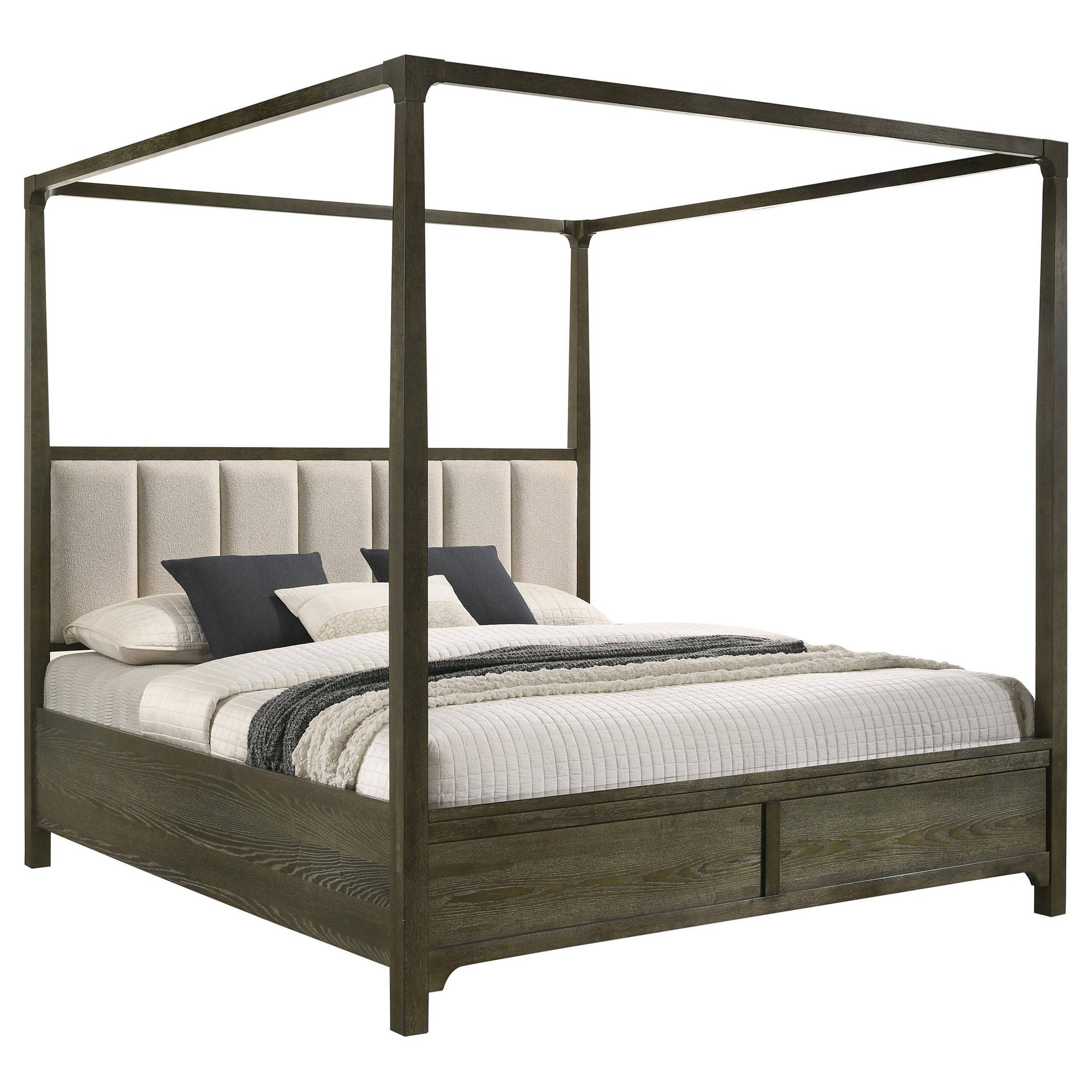 Alt View 1. Manhattan Lane - Seon Queen Canopy Bed w 4 Posters, Ivory Upholstery, Dark Cocoa Brown - Dark Cocoa Brown, Ivory.