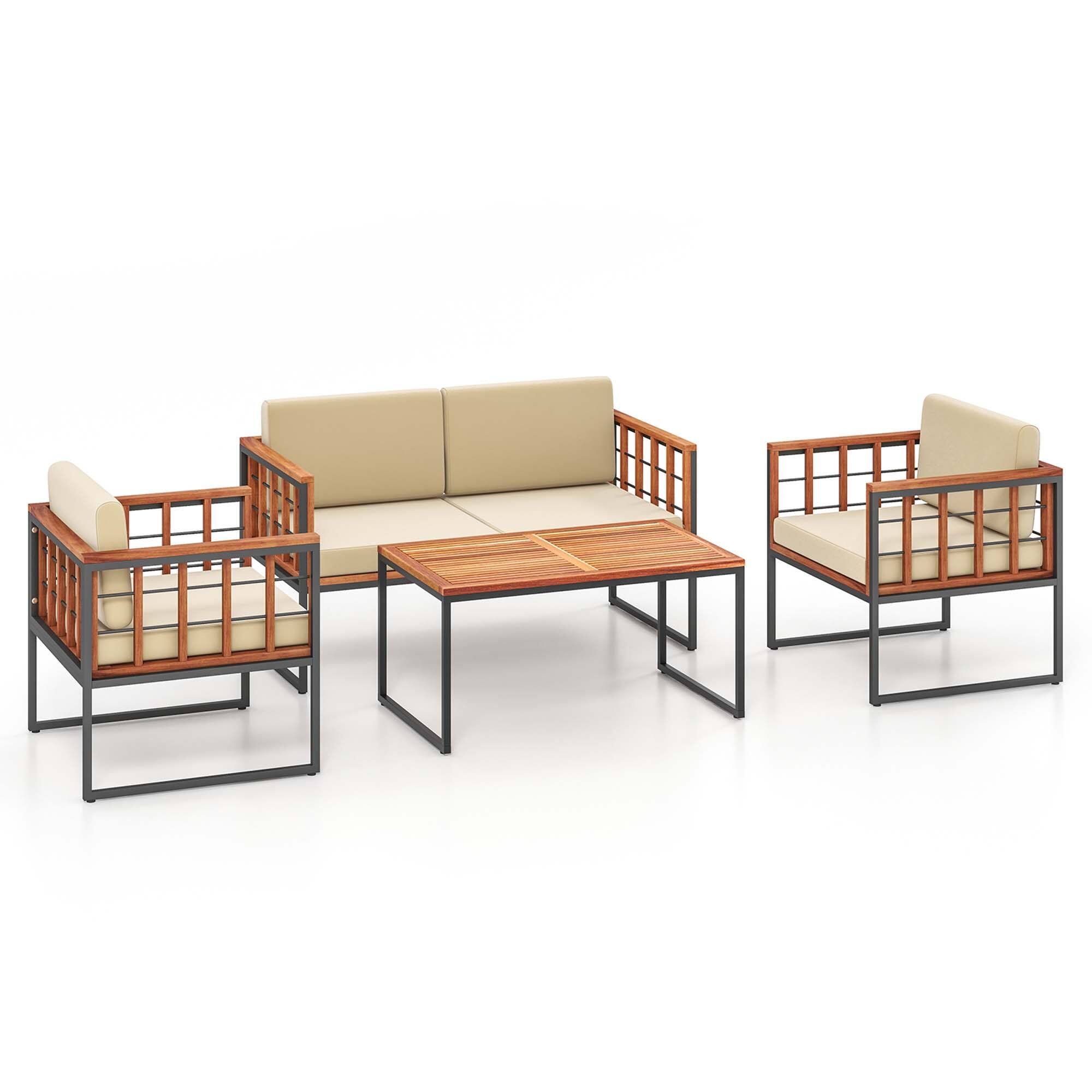 Alt View 4. Gymax - Gymax Set of Outdoor 4 Acacia Wood Sofa Set w/ Heavy Duty Metal Frame Soft Seat Beige - Beige, Natural, Black.
