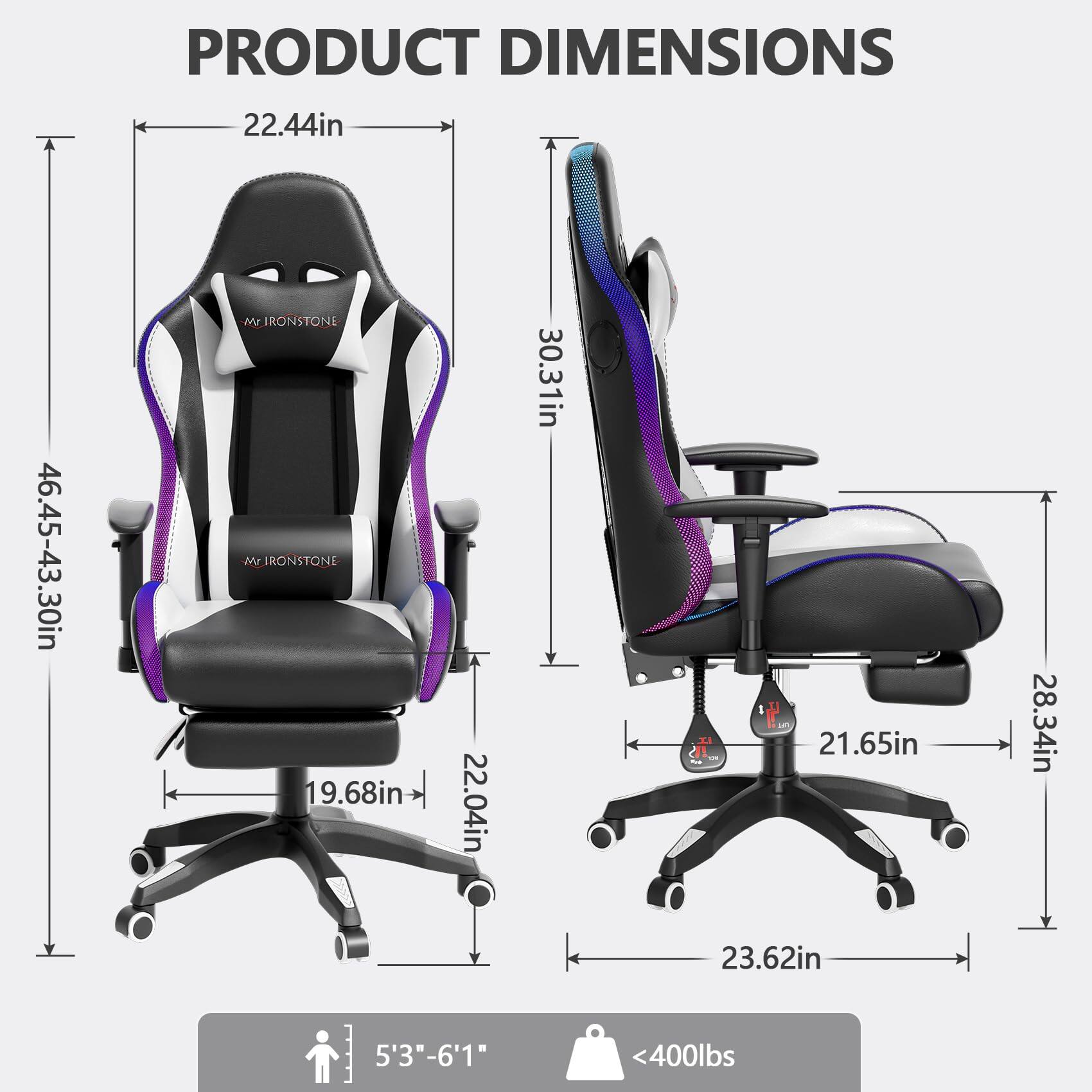 PRODUCT DIMENSIONS

- 22.44in
- 46.45-43.30in
- 19.68in
- 22.04in
- 30.31in
- 21.65in
- 28.34in
- 23.62in

5'3" - 6'1"
<400lbs