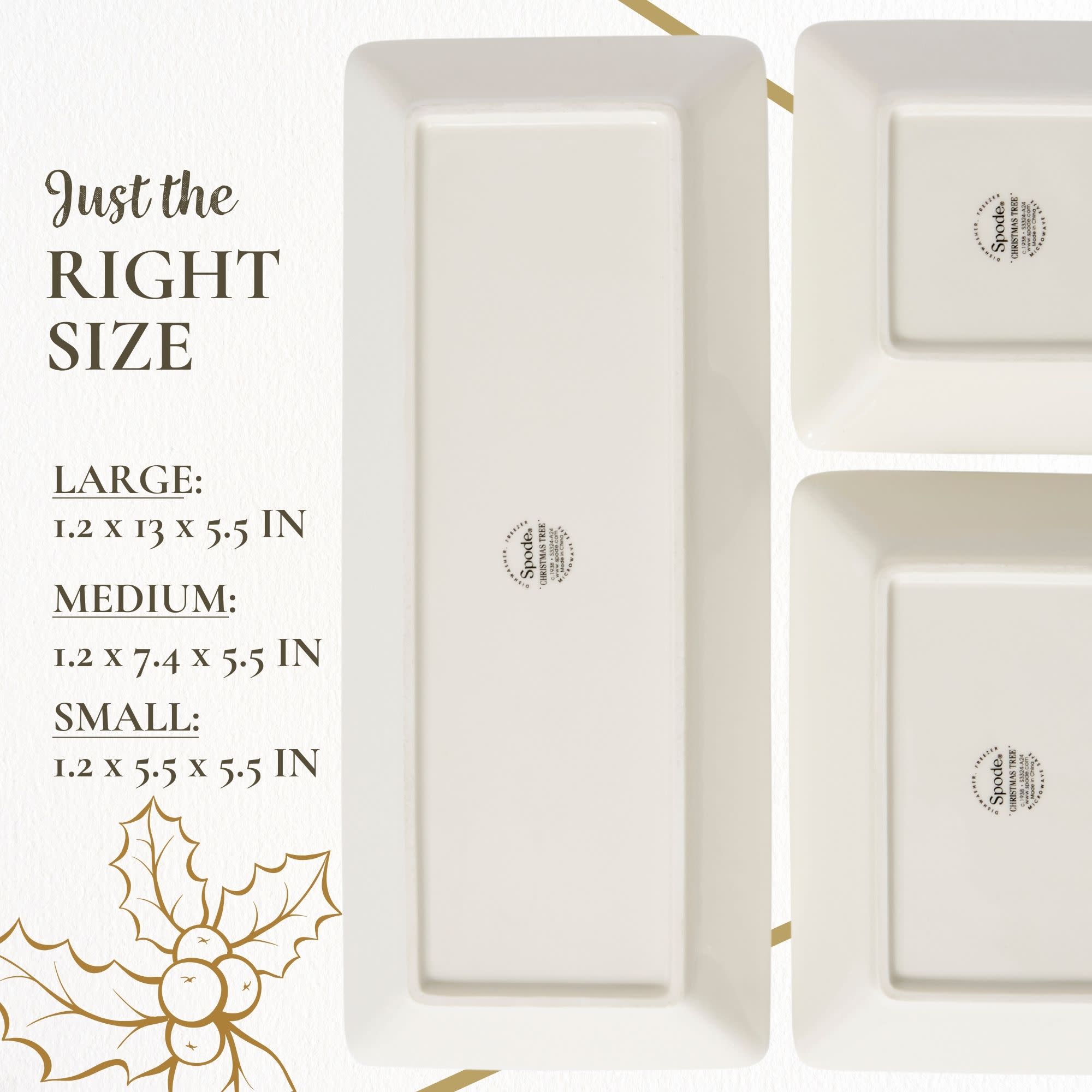 Just the RIGHT SIZE

Spode

LARGE: 1.2 x 13 x 5.5 IN  
MEDIUM: 1.2 x 7.4 x 5.5 IN  
SMALL: 1.2 x 5.5 x 5.5 IN

Spode