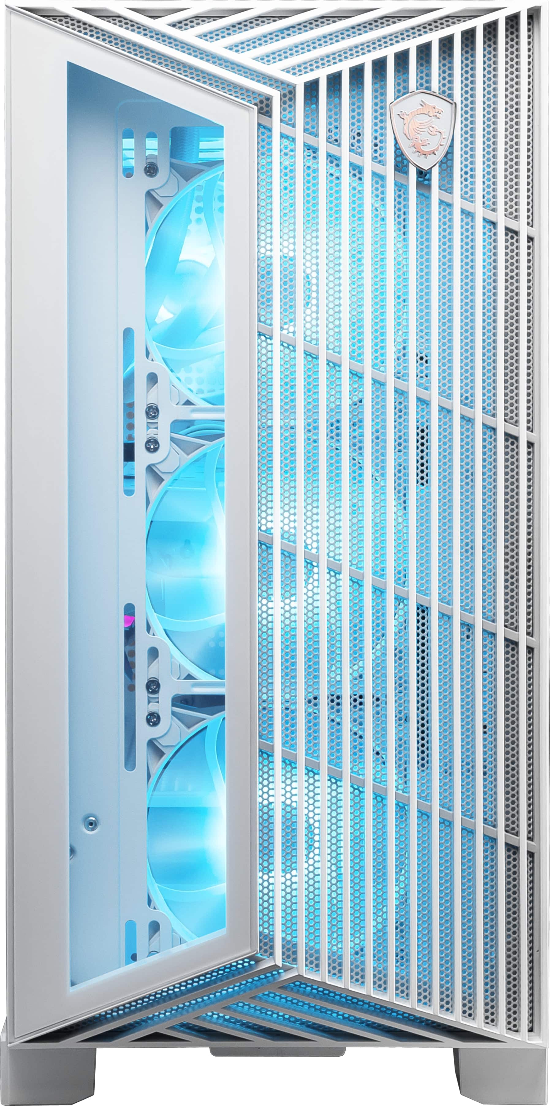 Angle. MSI - Aegis R2 AI Gaming Desktop - Intel Ultra 7 265K - 32GB Memory - NVIDIA GeForce RTX 5070 - 2TB SSD - White - White.