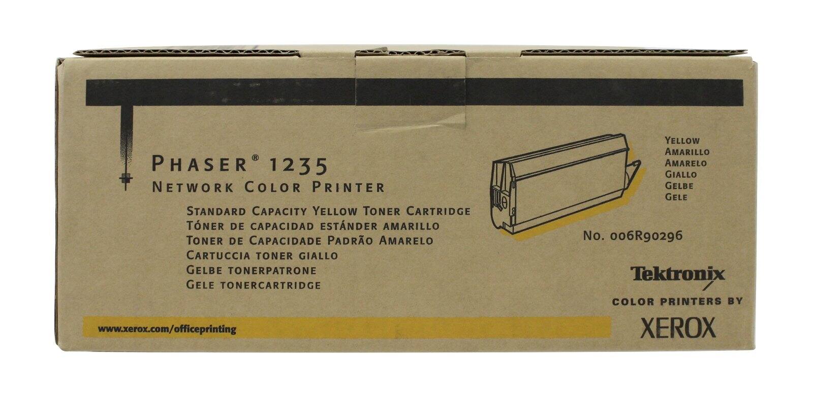 Sure, here is the corrected and grouped text from the image:

---

**PHASER® 1235**  
Network Color Printer

**Standard Capacity Yellow Toner Cartridge**  
Toner de Capacidad Estándar Amarillo  
Toner de Capacidade Padrão Amarelo  
Cartuccia Toner Giallo  
Gelbe Tonerpatrone  
Gelbe Toner Cartridge

**www.xerox.com/officeprinting**

**Yellow**  
Amarillo  
Amarelo  
Giallo  
Gelbe  
Gelbe

**No. 006R90296**

**Tektronix**  
Color Printers by Xerox

---