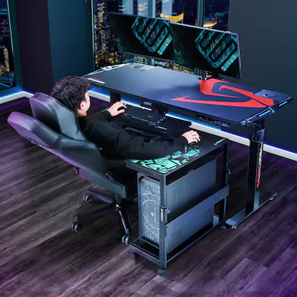 Front. Eureka Ergonomic - 2-Tier Height Adjustable Mobile PC Tower Stand with Printer Shelf & Pegboard - Black.