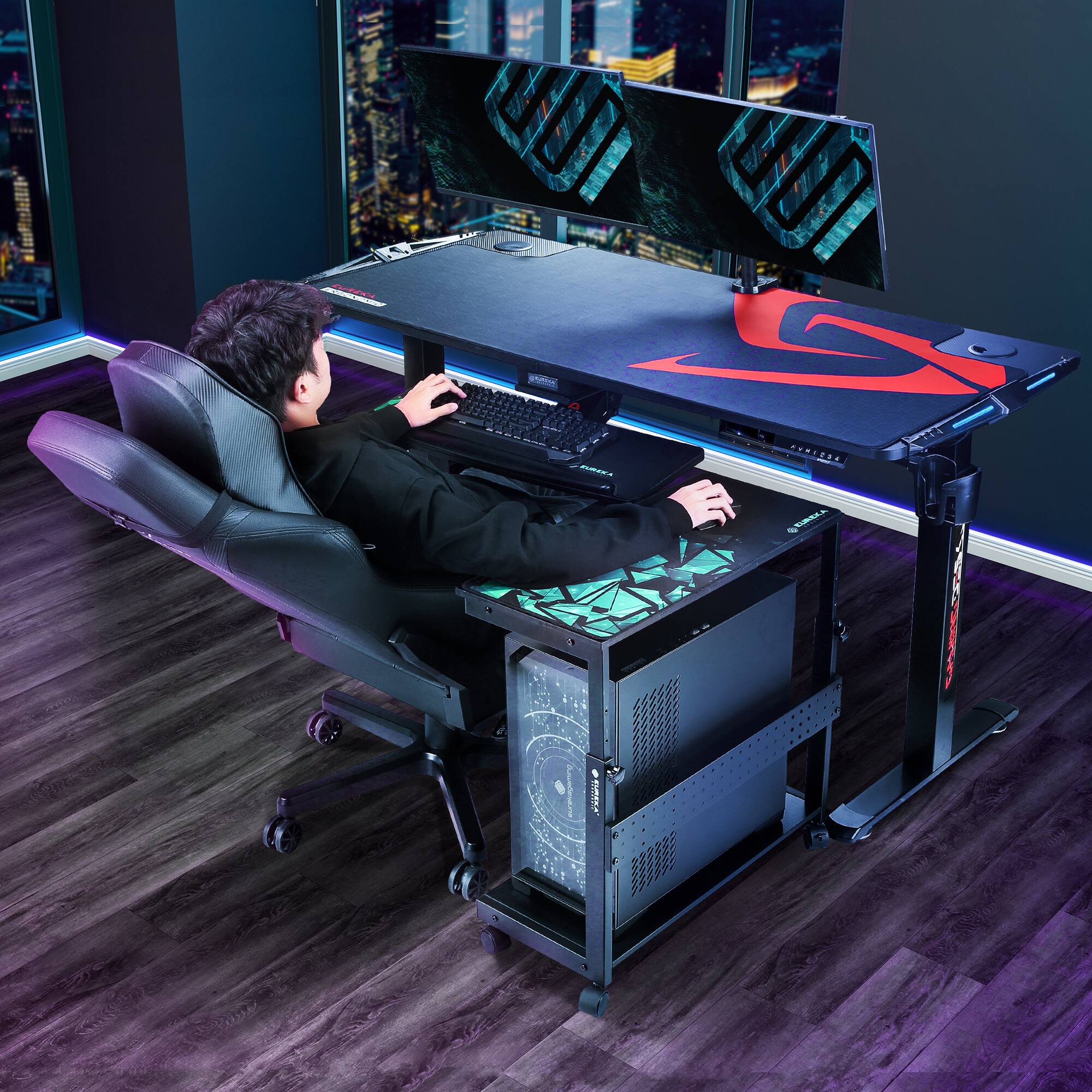 Front. Eureka Ergonomic - 2-Tier Height Adjustable Mobile PC Tower Stand with Printer Shelf & Pegboard - Black.