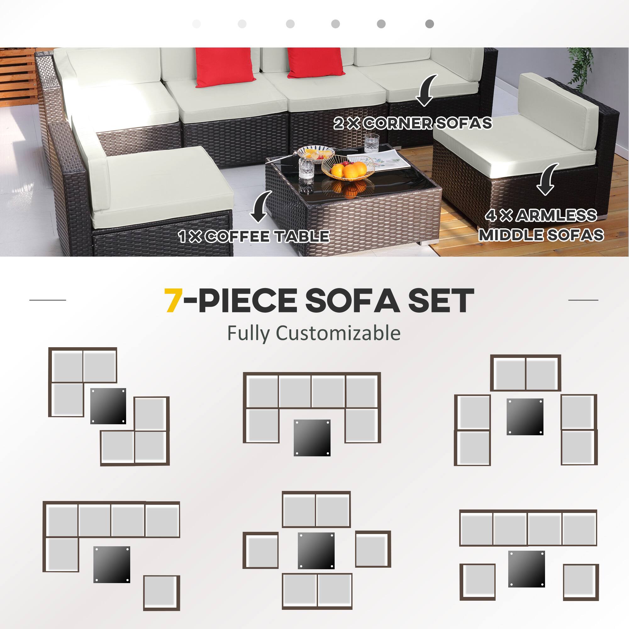 2 x Corner Sofas  
1 x Coffee Table  
4 x Armless Middle Sofas  
7-Piece Sofa Set  
Fully Customizable