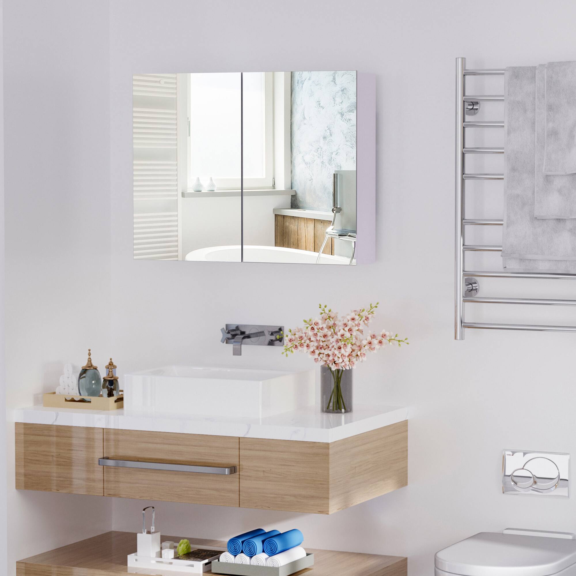 Alt View 1. Homcom - Double Door Wall Mounted Bathroom Mirror, 31.5" x 23.5" Medicine Cabinet with Modern Design, Large Storage, Quiet Hinges - White.